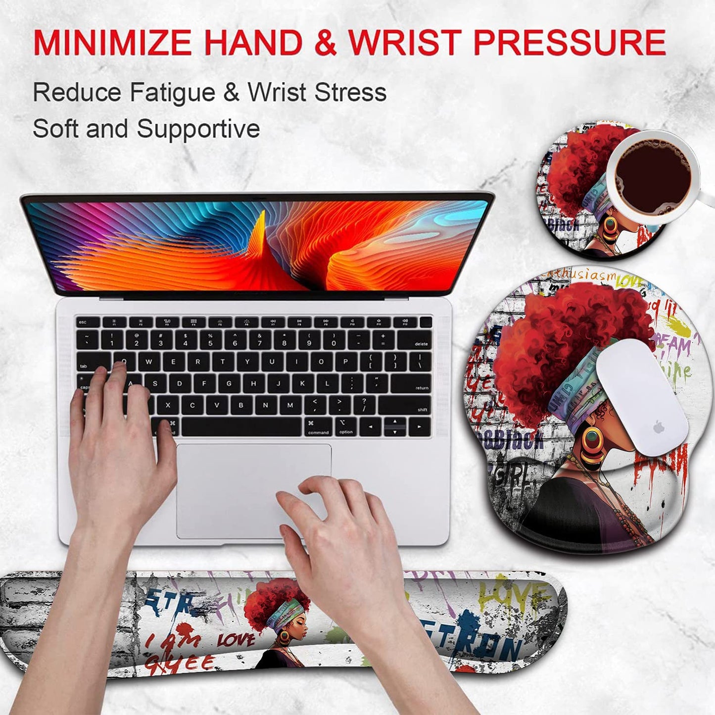 Ergonomic Mouse Pad Wrist Support Gel and Keyboard Wrist Rest Set African Graffiti Girls with Red