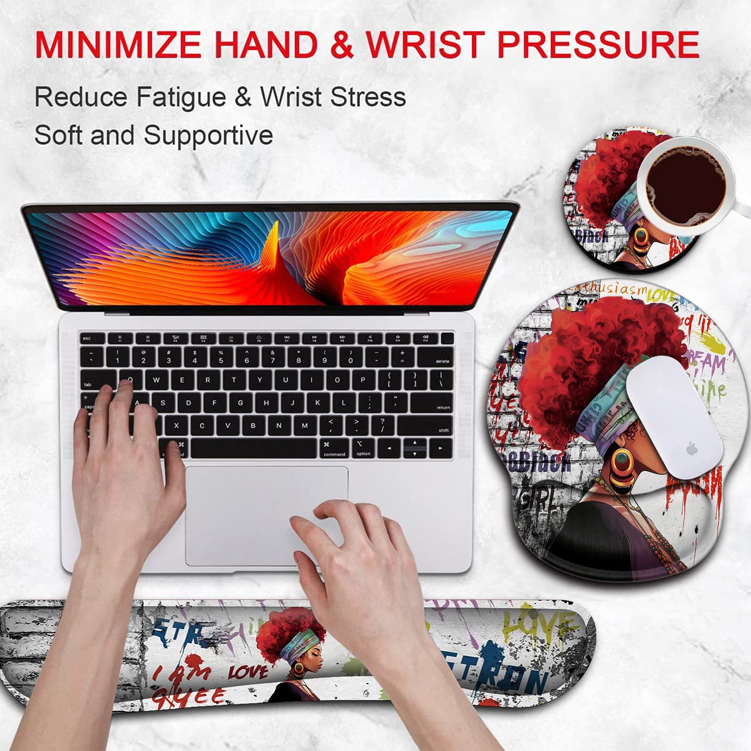 Ergonomic Mouse Pad Wrist Support Gel and Keyboard Wrist Rest Set African Graffiti Girls with Red