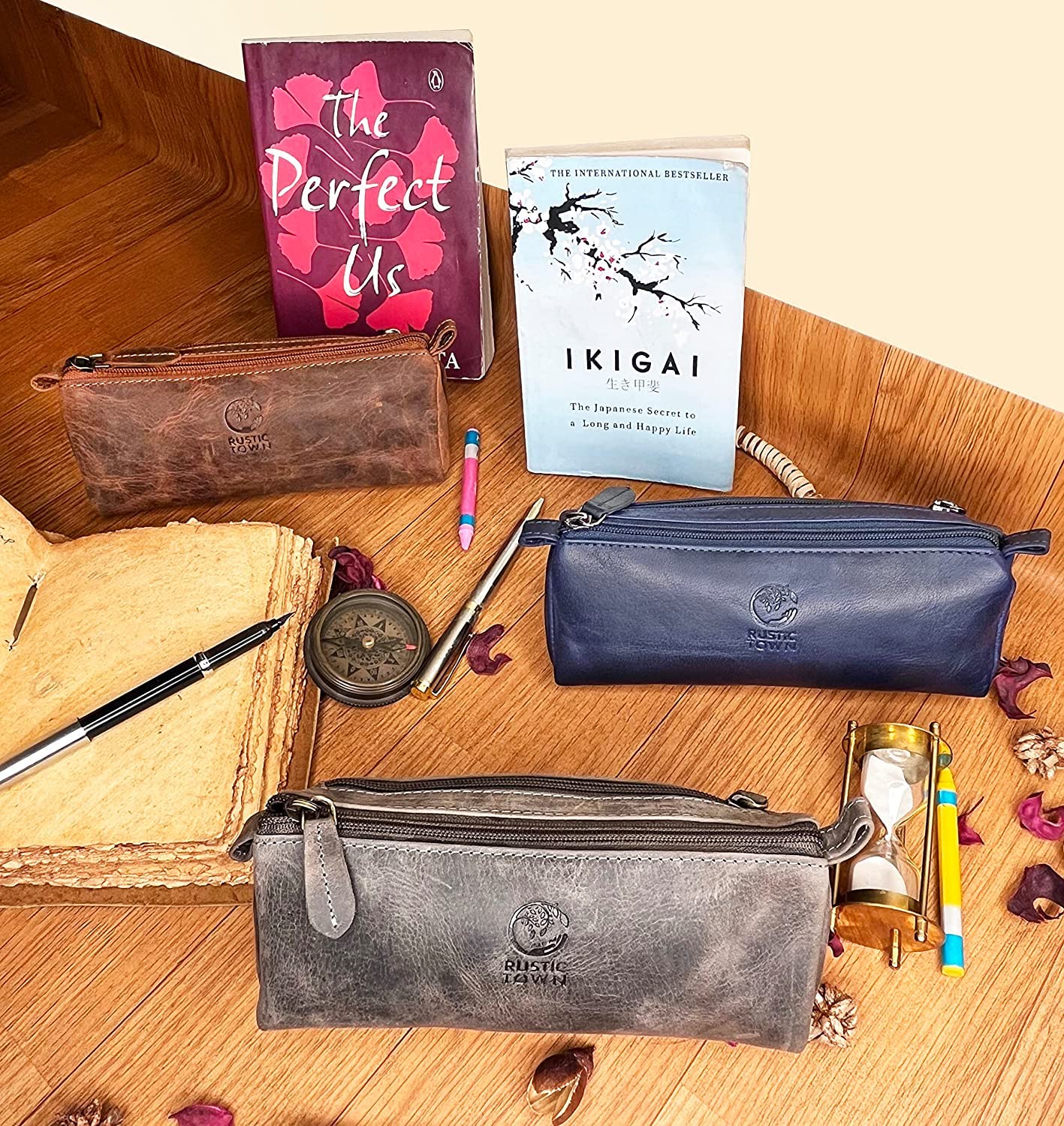 Rustic Town Leather Pencil Case - Vintage Zippered Pencil Pouch & Pen Case for Adults, Artists