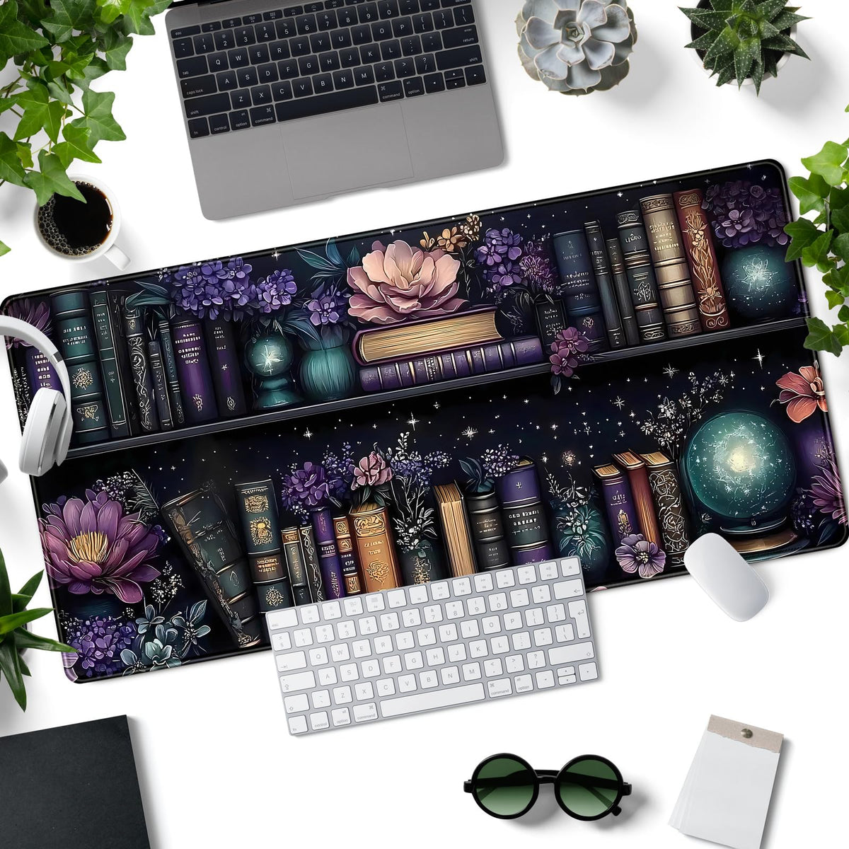 Purple Flowers Bookshelf Desk Mat Bookish Desk Pad Celestial Floral Books Large Mouse Pad XXL