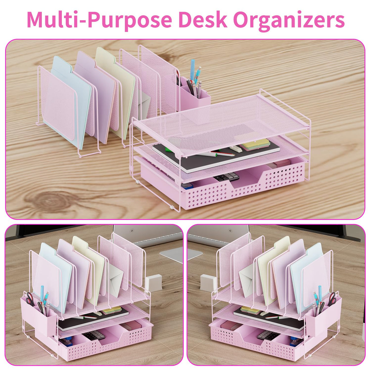 LEKETREE Pink Desk Organizer, Office Organization with Vertical File Holder, File Organizer with