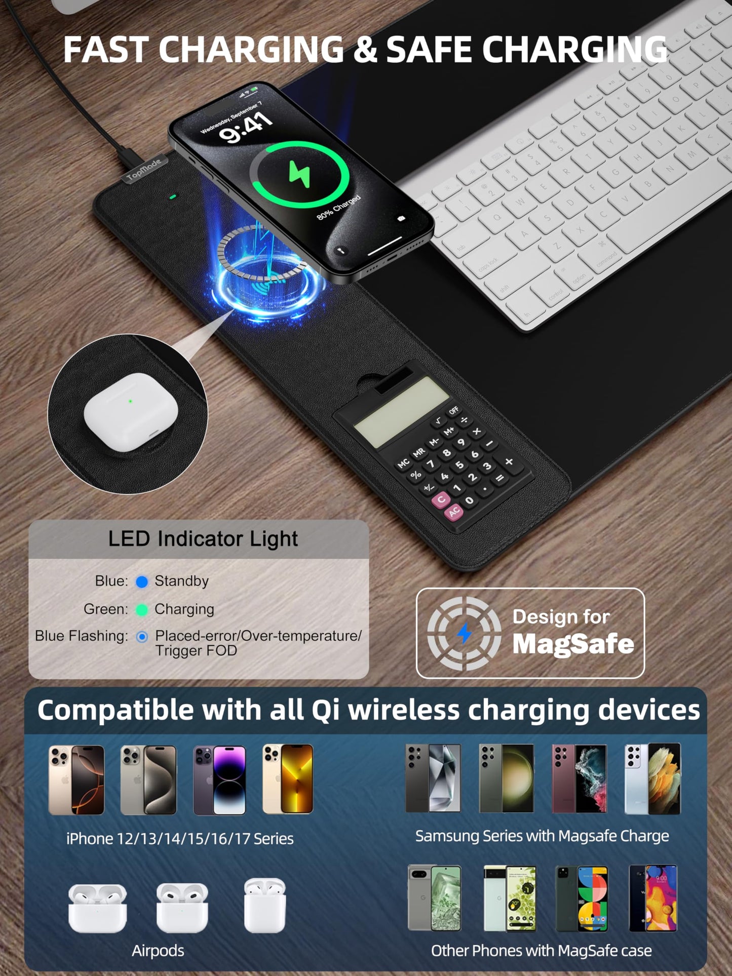 Mouse Pad with 15W Wireless Charging, Removable 8-Digit Solar Calculator