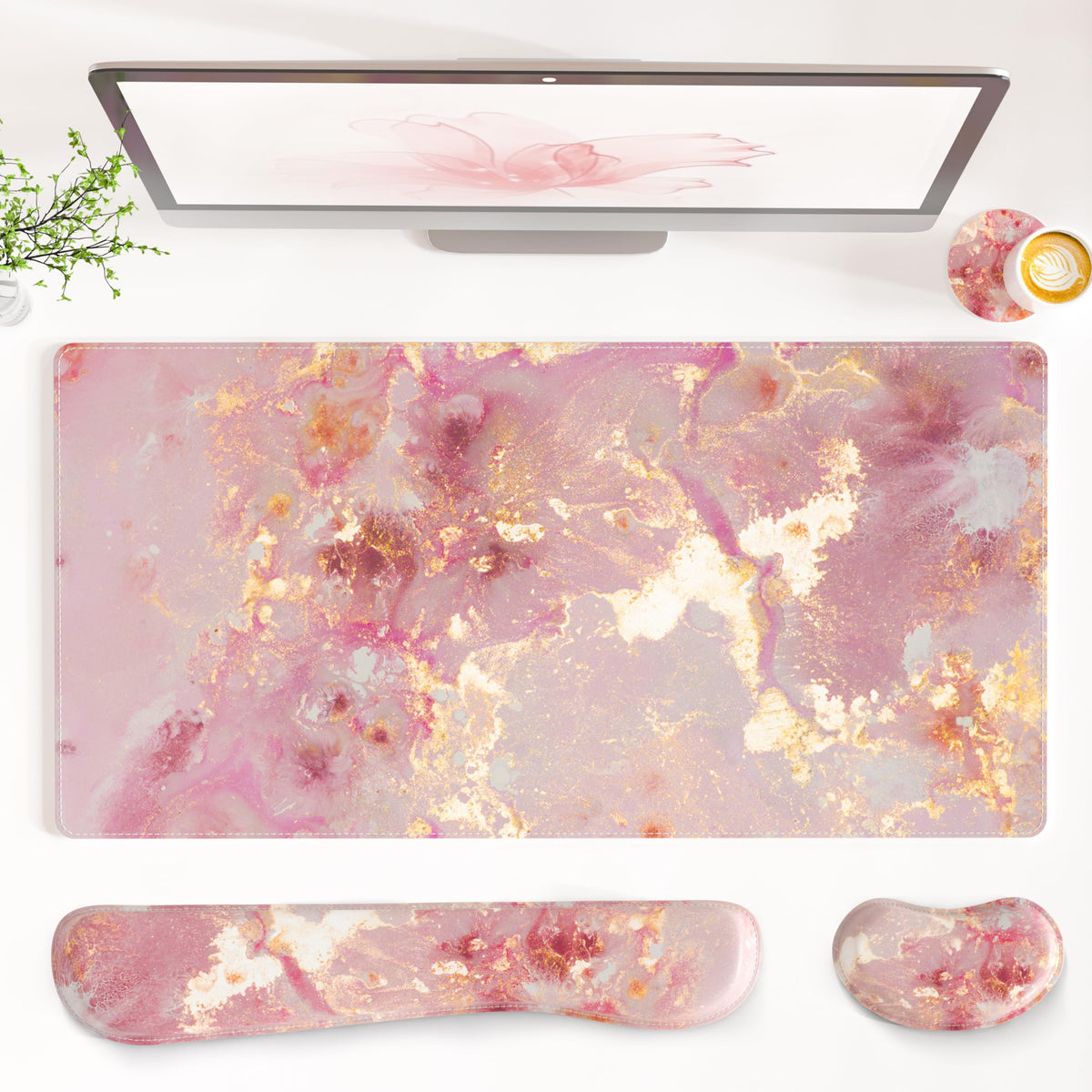 QiyI PU Leather Desk Mat Set, 4-in-1 Ergonomic Wrist Rest, Pink Marble