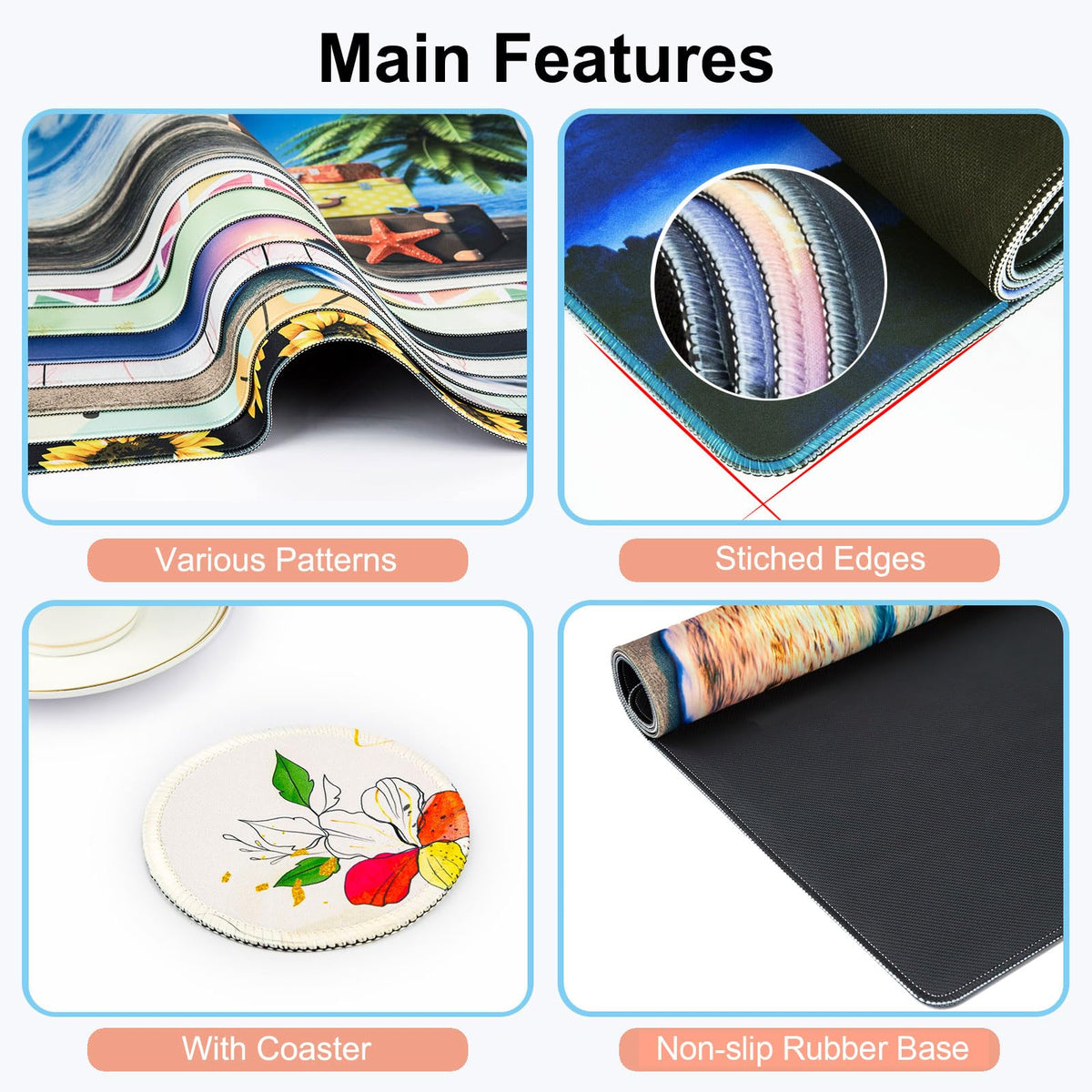 Large Gaming Mouse Pad with Coaster,Desk Matt for Desktop,Desk Mat-Flower