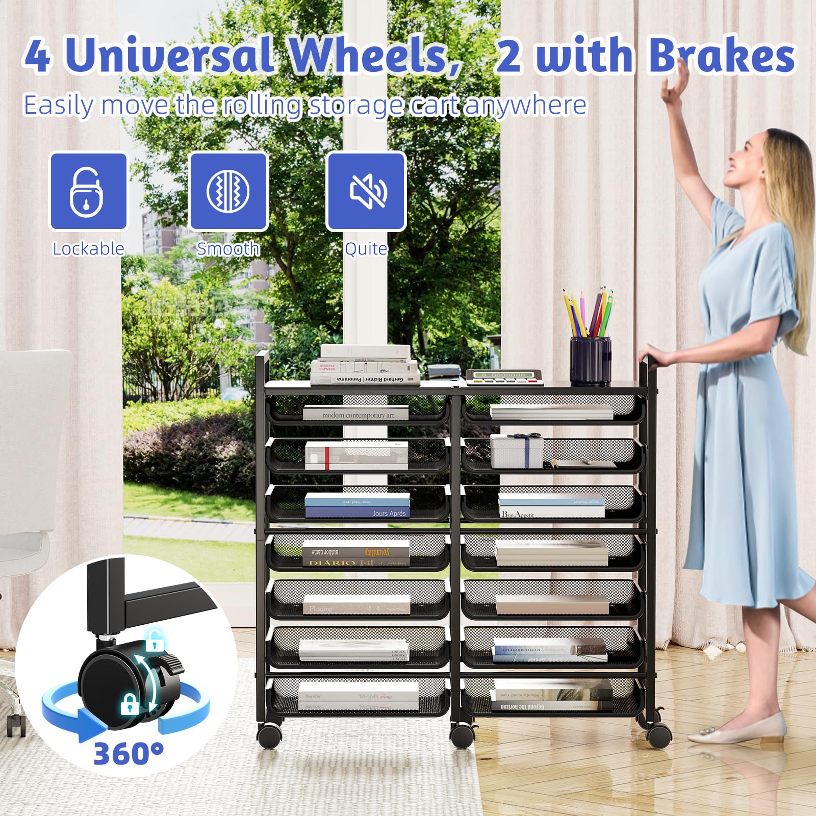 Simple Trending 15-Tier Rolling File Cart, Desk File Organizer with 14 Mesh Sliding Trays, Letter &