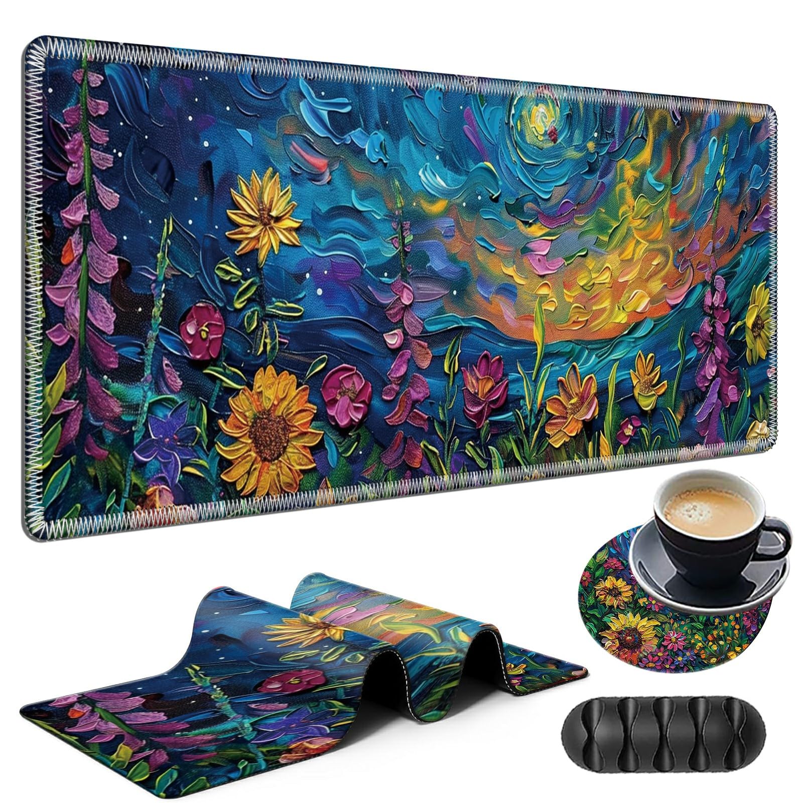 Large Gaming Mouse Pad Plus a Coasters + Cable Clips, Vibrant Watercolor Flowers Extended Mousepad