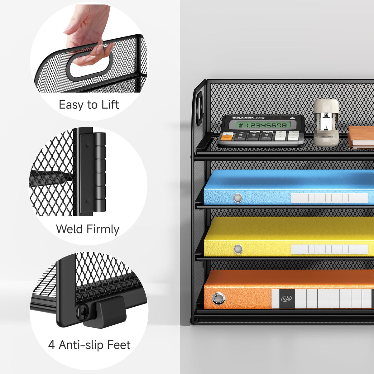 Lavatino Paper Organizer for Desk, 4-Tier Desk Organizer Tray, Mesh Desktop File Organizers with