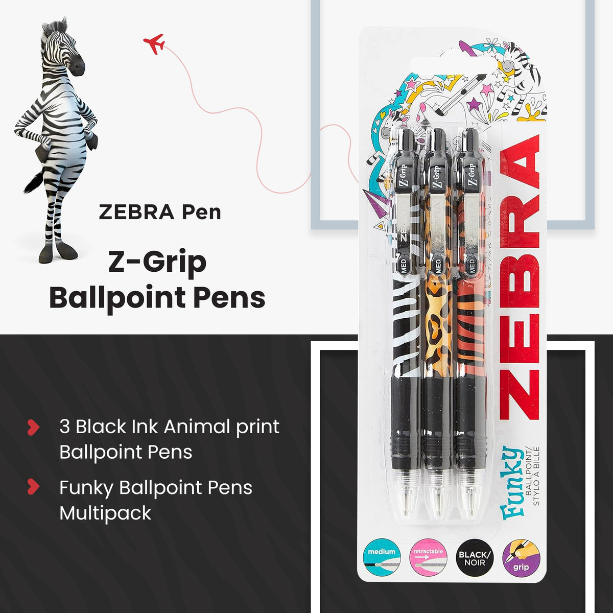 ZEBRA Pen Z Grip Black Pens Ballpoint, Smooth & Funky Ballpoint Pens With Pocket Clip, Retractable