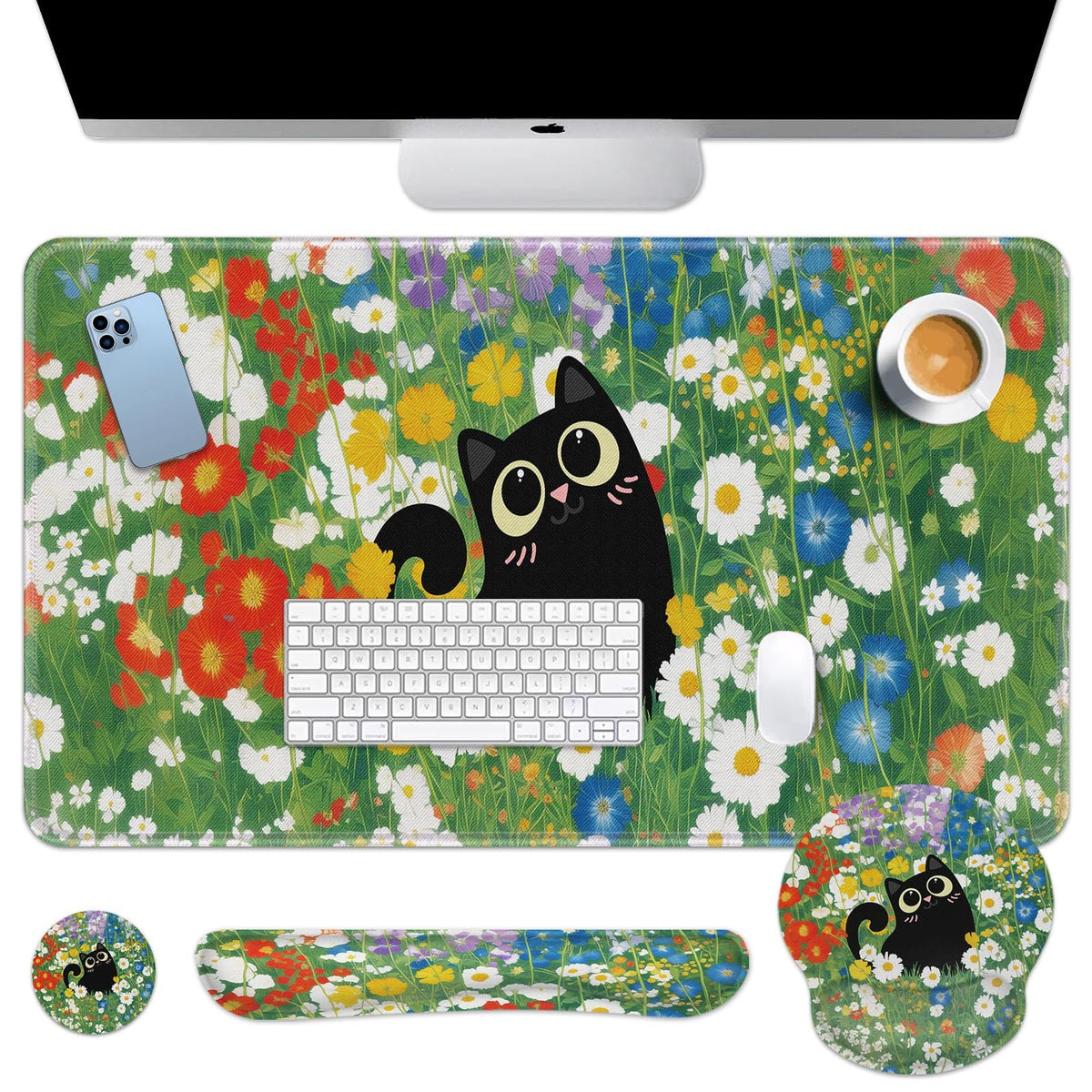 Arttown Keyboard Mouse Pad Set, 4 in 1 Desk Mat Set Cat Flower Cute