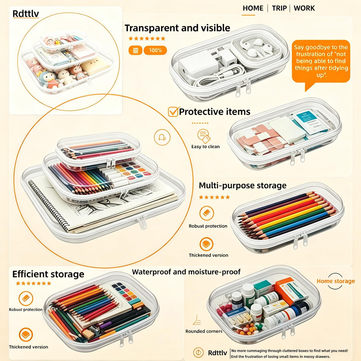 Rdttlv 3PCS Thickened Clear Hard Shell Zipper Case, Professional Grade Plastic Transparent Storage