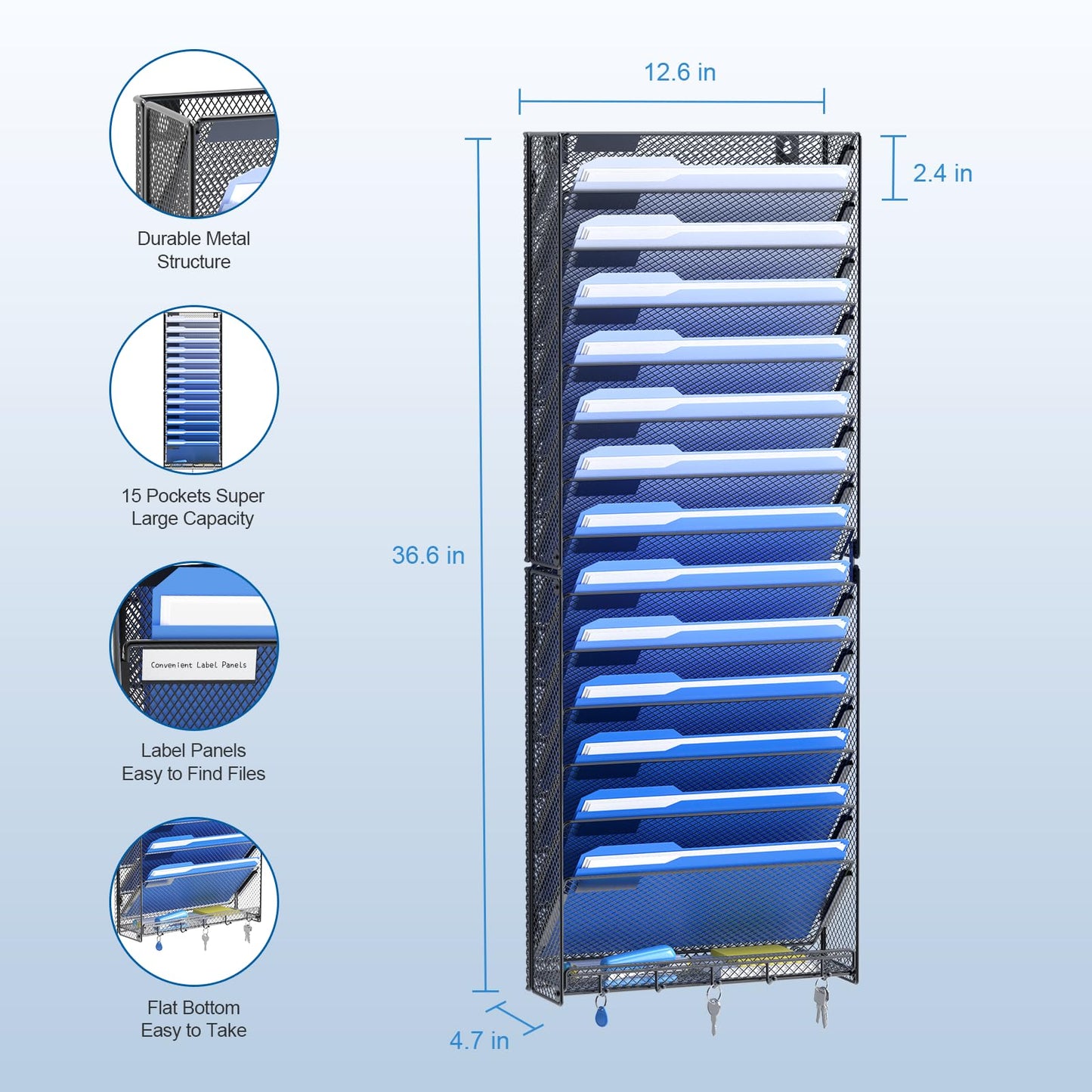 OUTWOLF 15 Tier Wall File Organizer with Hooks, Hanging Wall File Holder Wall Mount Paper Folder