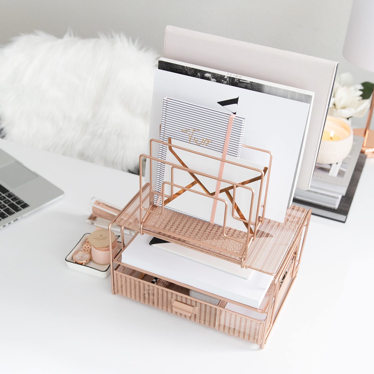 BLU MONACO Rose Gold Desk Organizer with Drawer | Metal Mesh Desktop Rack with File Sorters & Paper