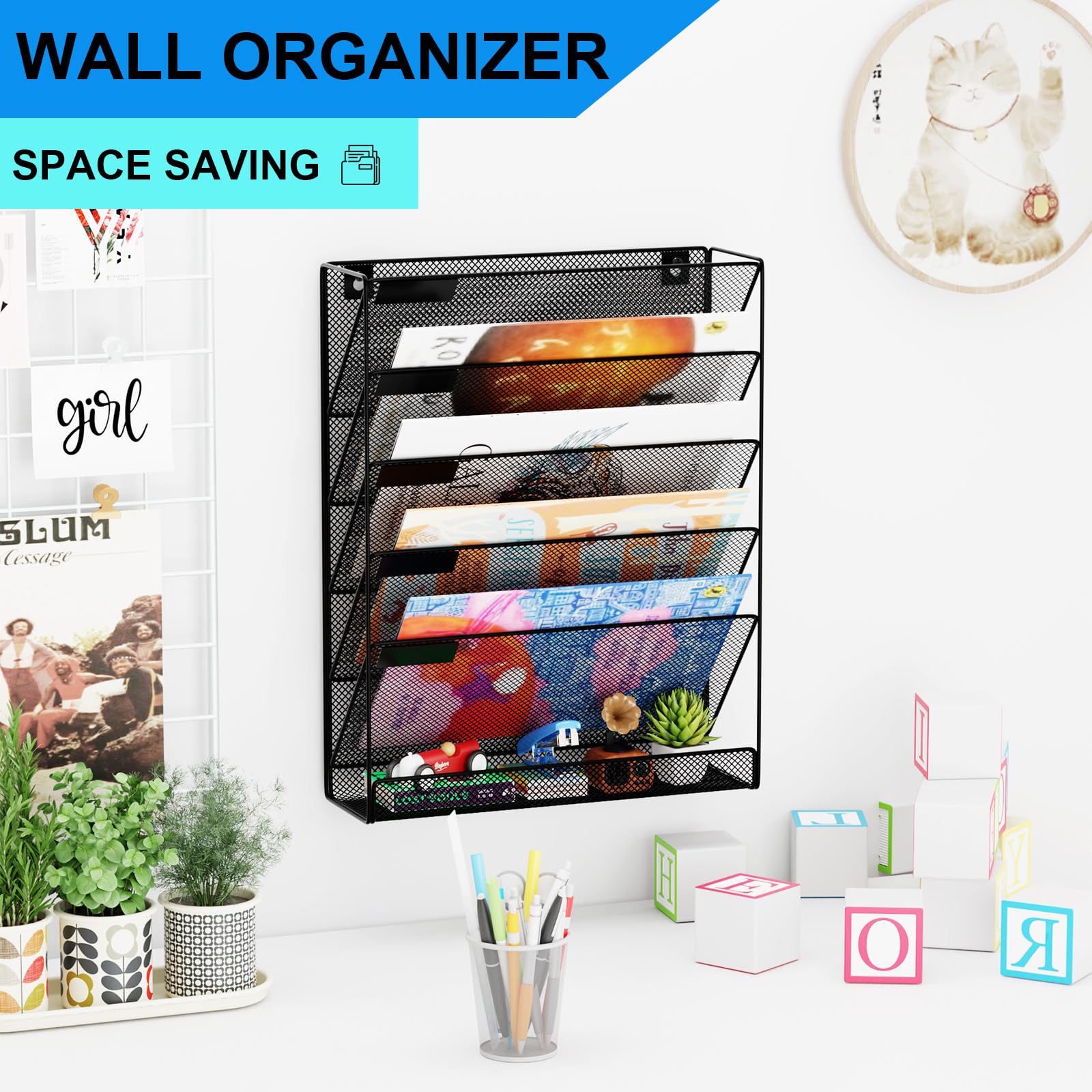 GDINDINFAN Wall File Organizer Holder Mesh Hanging Paper Document Holder,Vertical 6 Pocket Tier for