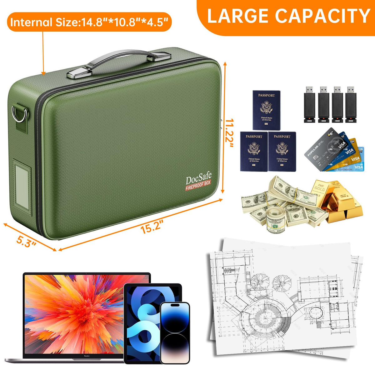 DocSafe Fireproof Document Box Hard Case with Lock ＆ Accordion File Folder