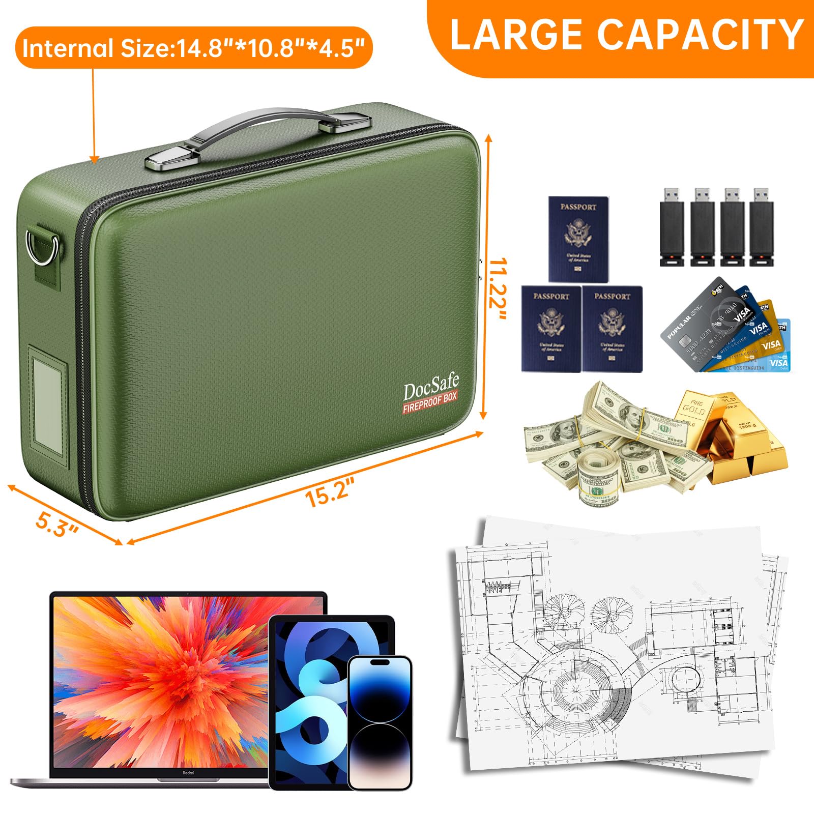 DocSafe Fireproof Document Box Hard Case with Lock ＆ Accordion File Folder