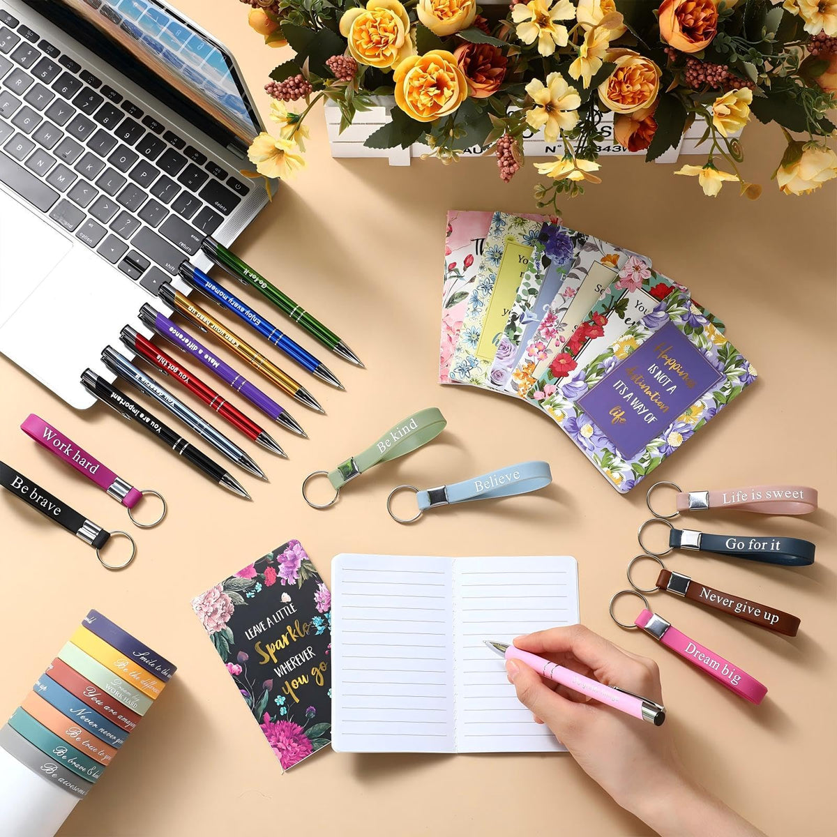 PerKoop 64 Pcs Inspirational Gift Bulk Notebooks Ballpoint Pen, Floral