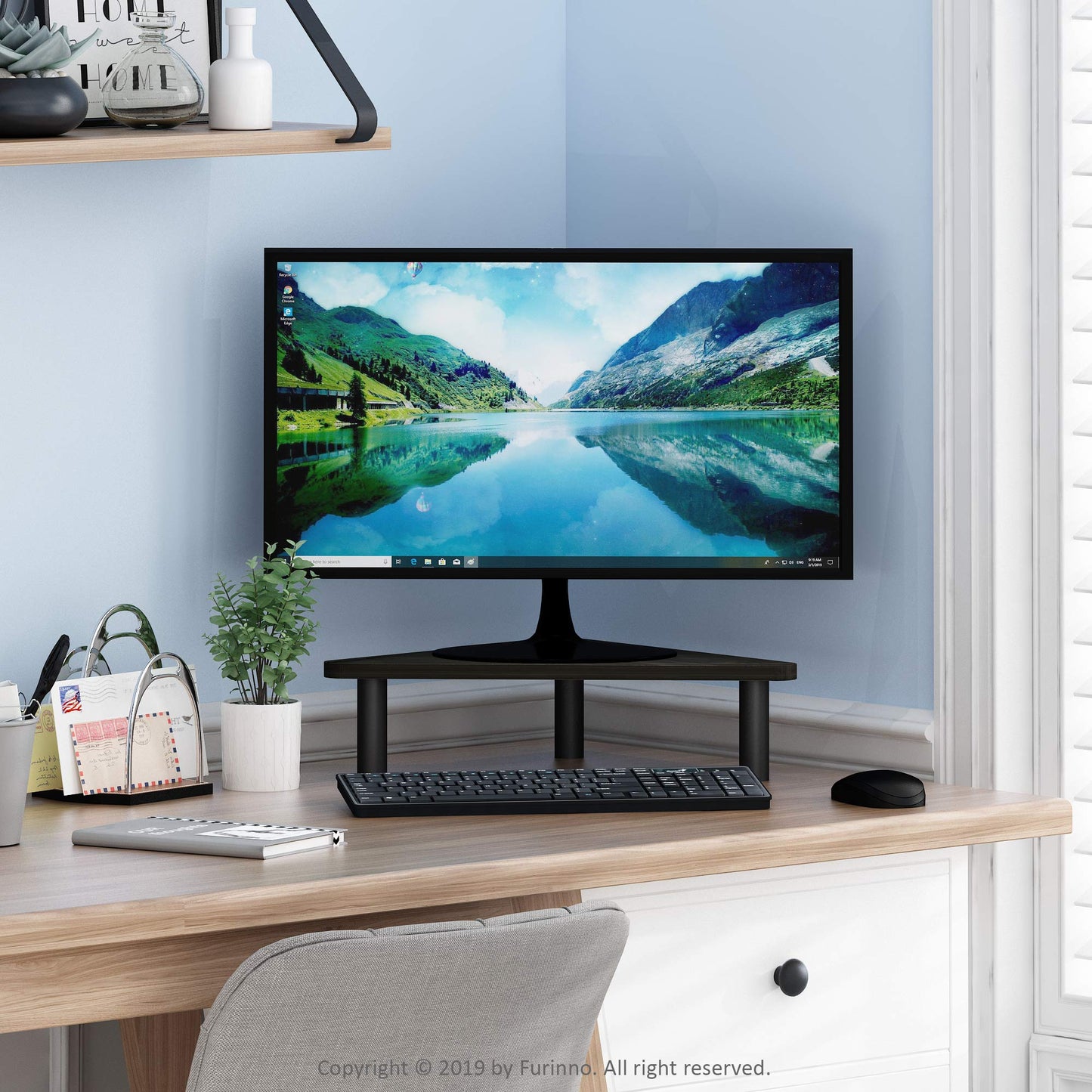 Furinno Turn-N-Tube Monitor Stand Riser, 19.6" Wide Triangle Corner Monitor Riser, Laptop Stand for
