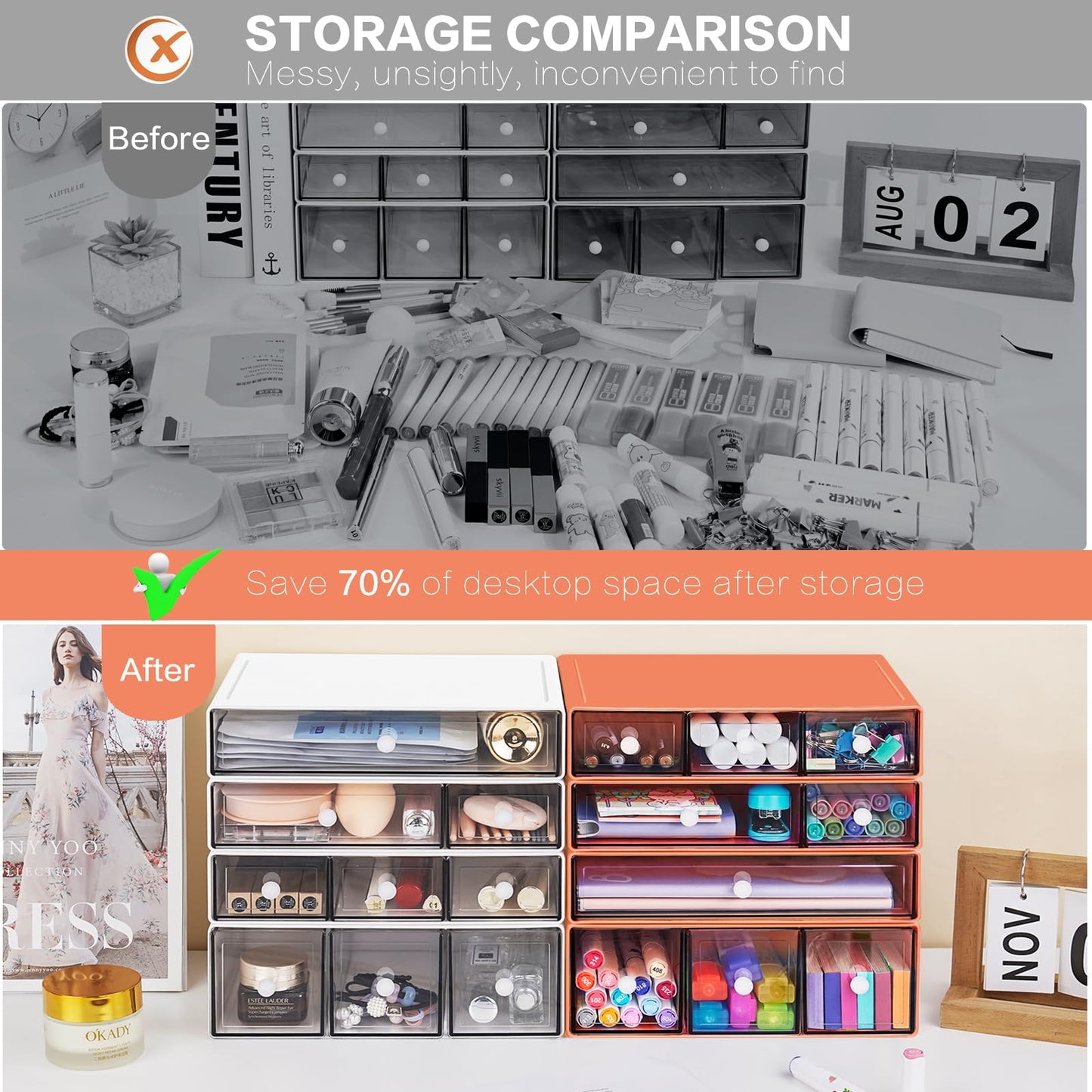 FODIENS Desk Storage Organizer with 9 Drawers, 4 Tiers Stackable Desktop Craft Storage Drawers