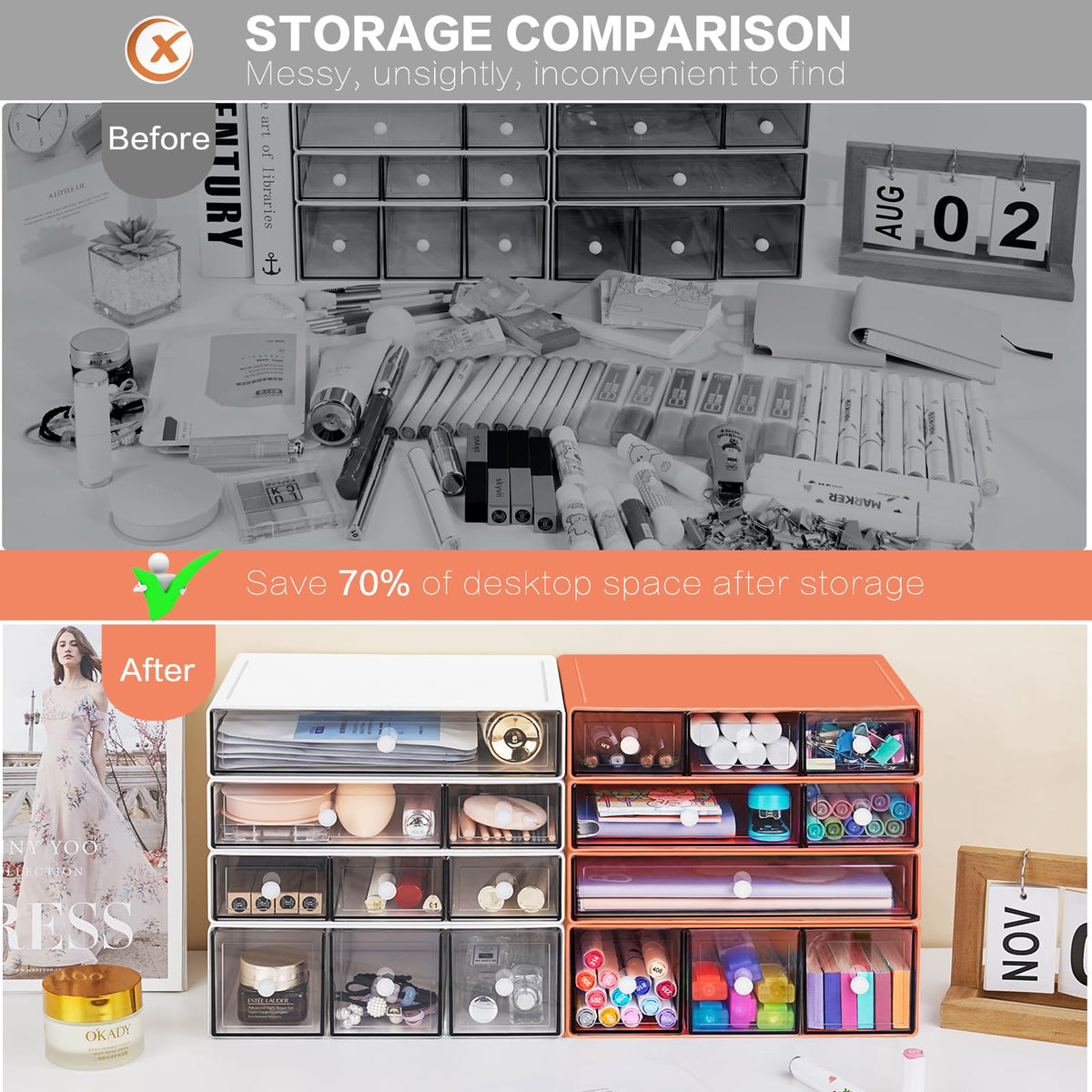 FODIENS Desk Storage Organizer with 9 Drawers, 4 Tiers Stackable Desktop Craft Storage Drawers