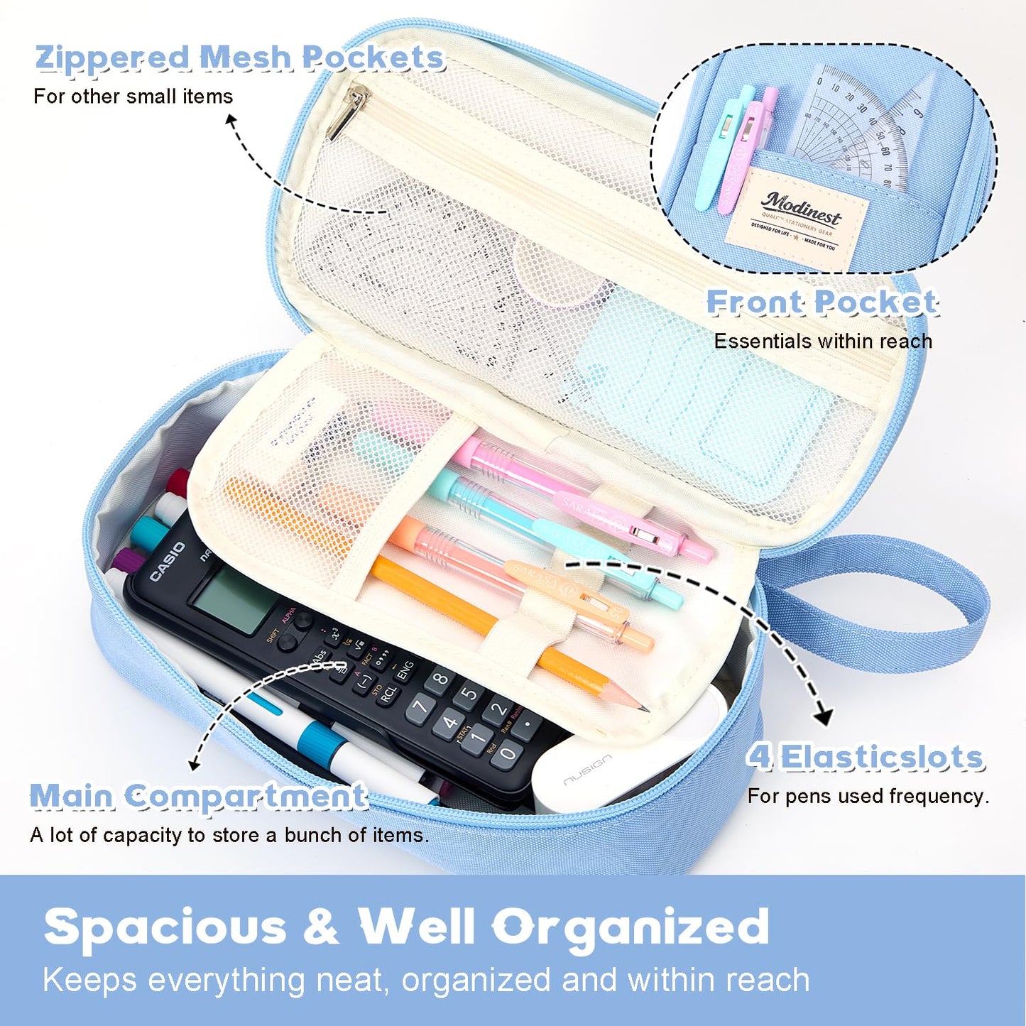 Modinest Pencil Case Pouch, Large Capacity Pen Bag Organizer, Cute Aesthetic Pencil Box for Girls