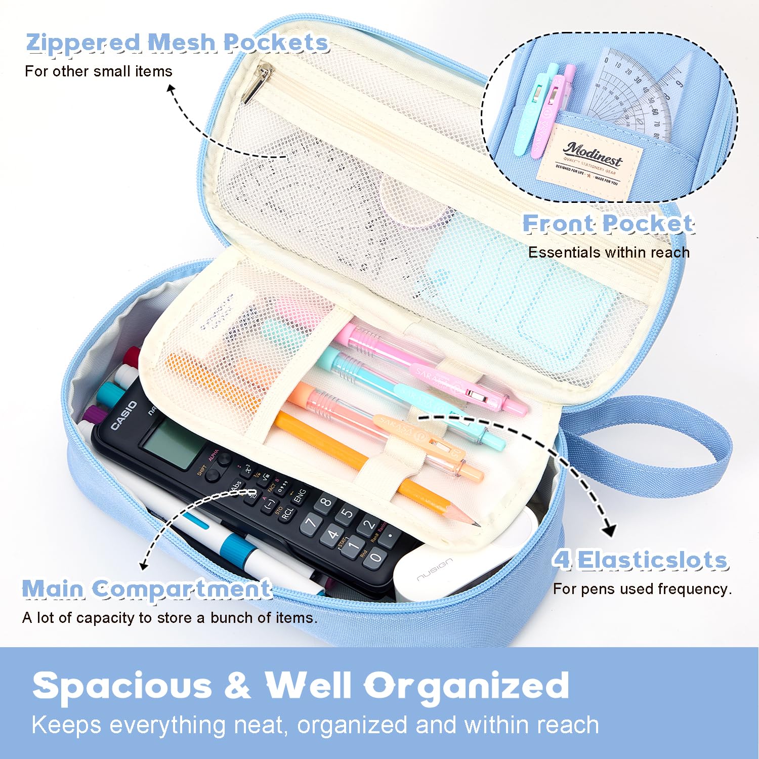 Modinest Pencil Case Pouch, Large Capacity Pen Bag Organizer, Cute Aesthetic Pencil Box for Girls