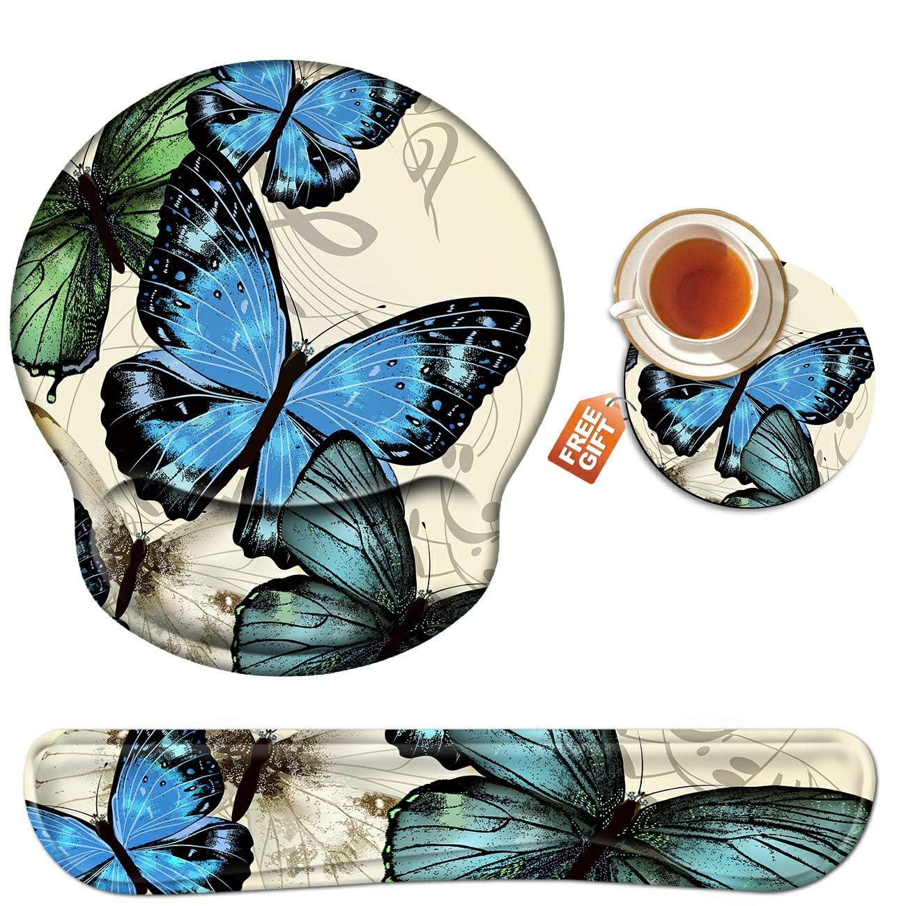 BEOTIWAD Memory Foam Mouse Pad Wrist Rest Set,Blue Butterfly