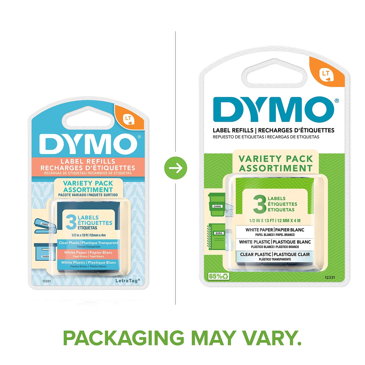 DYMO LT Labels Variety Pack 1/2-Inch x 13-Foot Rolls Black Print 3 Rolls for LetraTag Label Makers