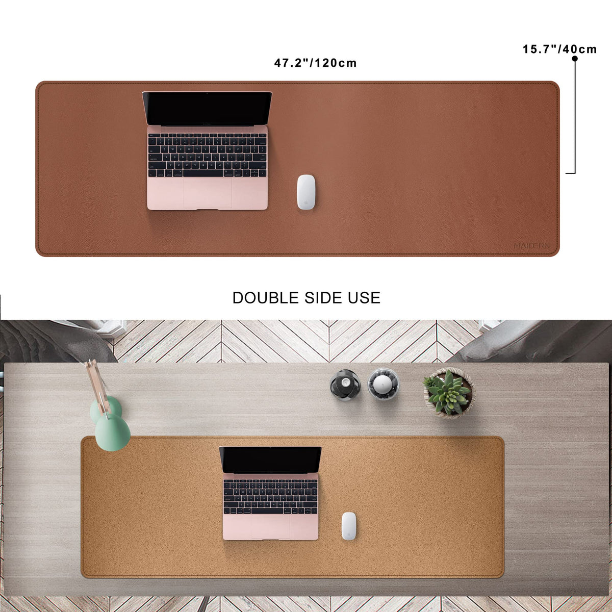 MAIDERN 47.2" x 15.7" Cork & Leather Desk Pad, Large XXL Mat, Full Mouse Pad, Dual Sided Protector
