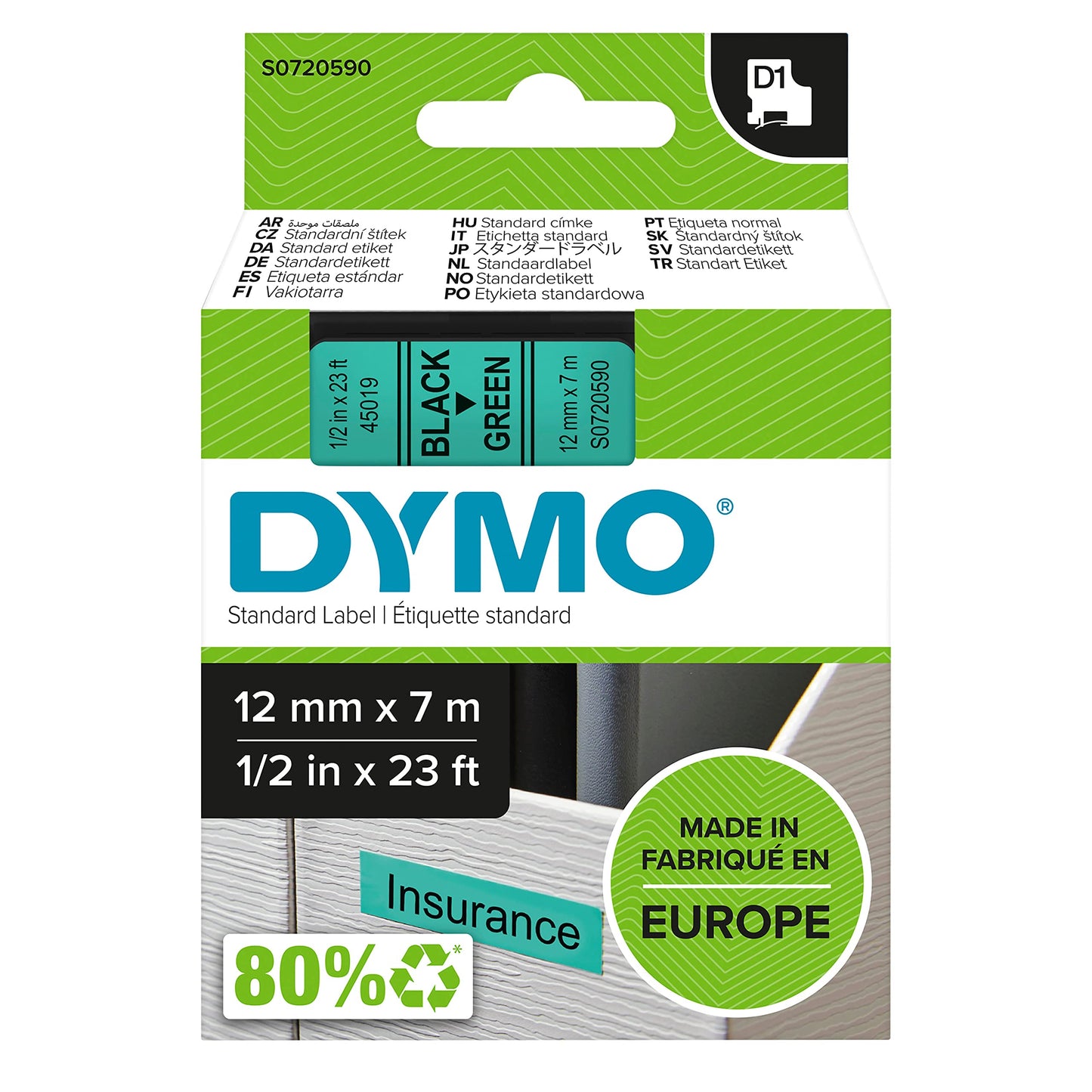 DYMO 45019 D1 High-Performance Polyester Removable Label Tape, 1/2-Inch x 23 ft, Black on Green