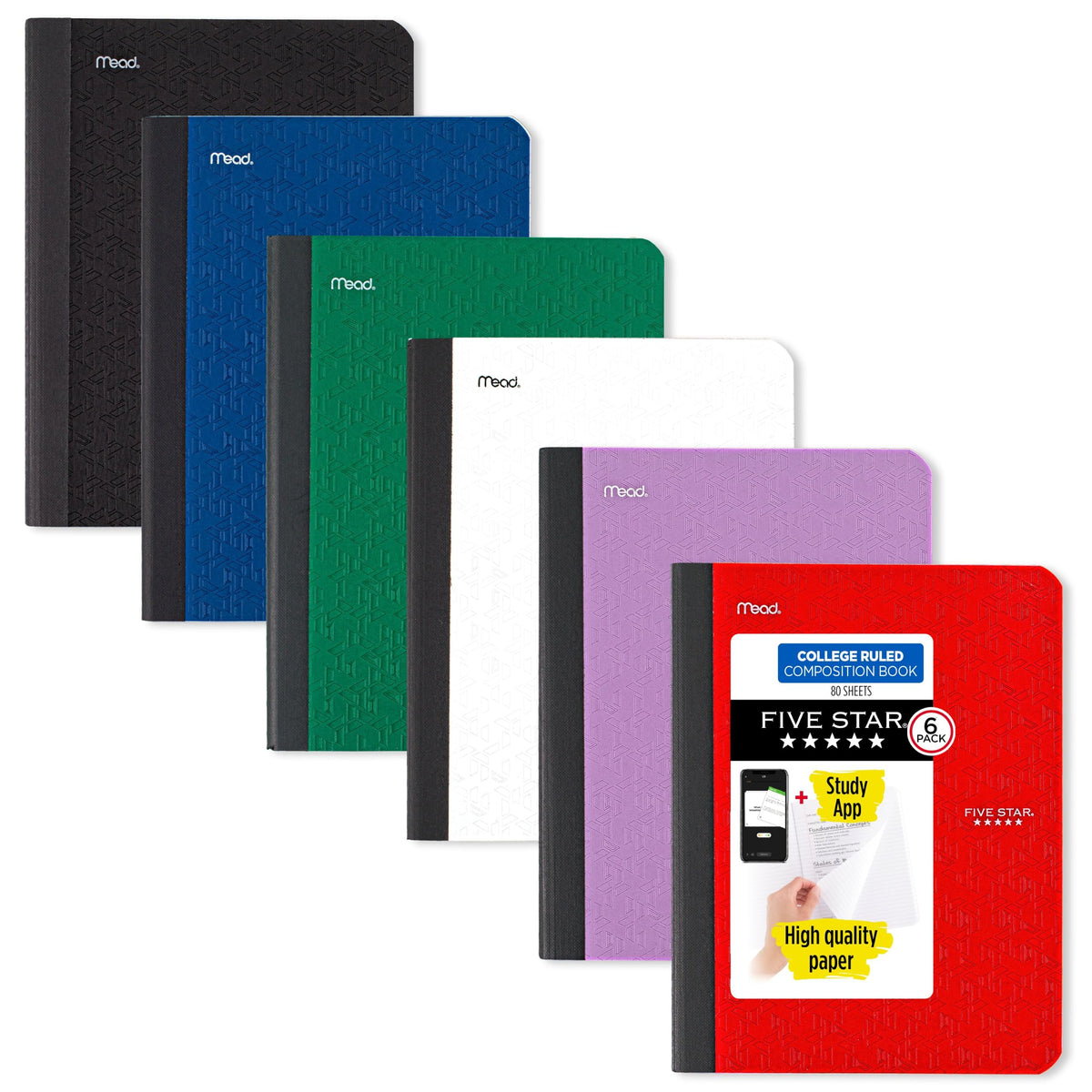 Five Star Composition Books + Study App, 6 Pack, College Ruled Paper, 9-3/4" x 7-1/2", 80 Sheets