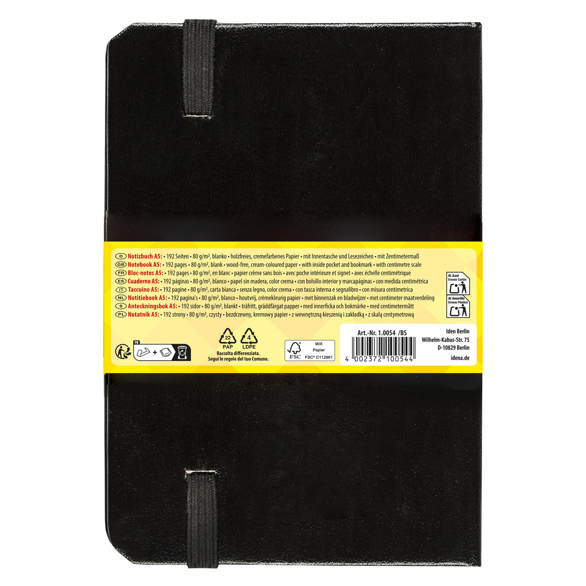 Idena 10054 Notebook DIN A5 Blank Paper Cream 192 Pages 80 g/m² Hard Cover in Black
