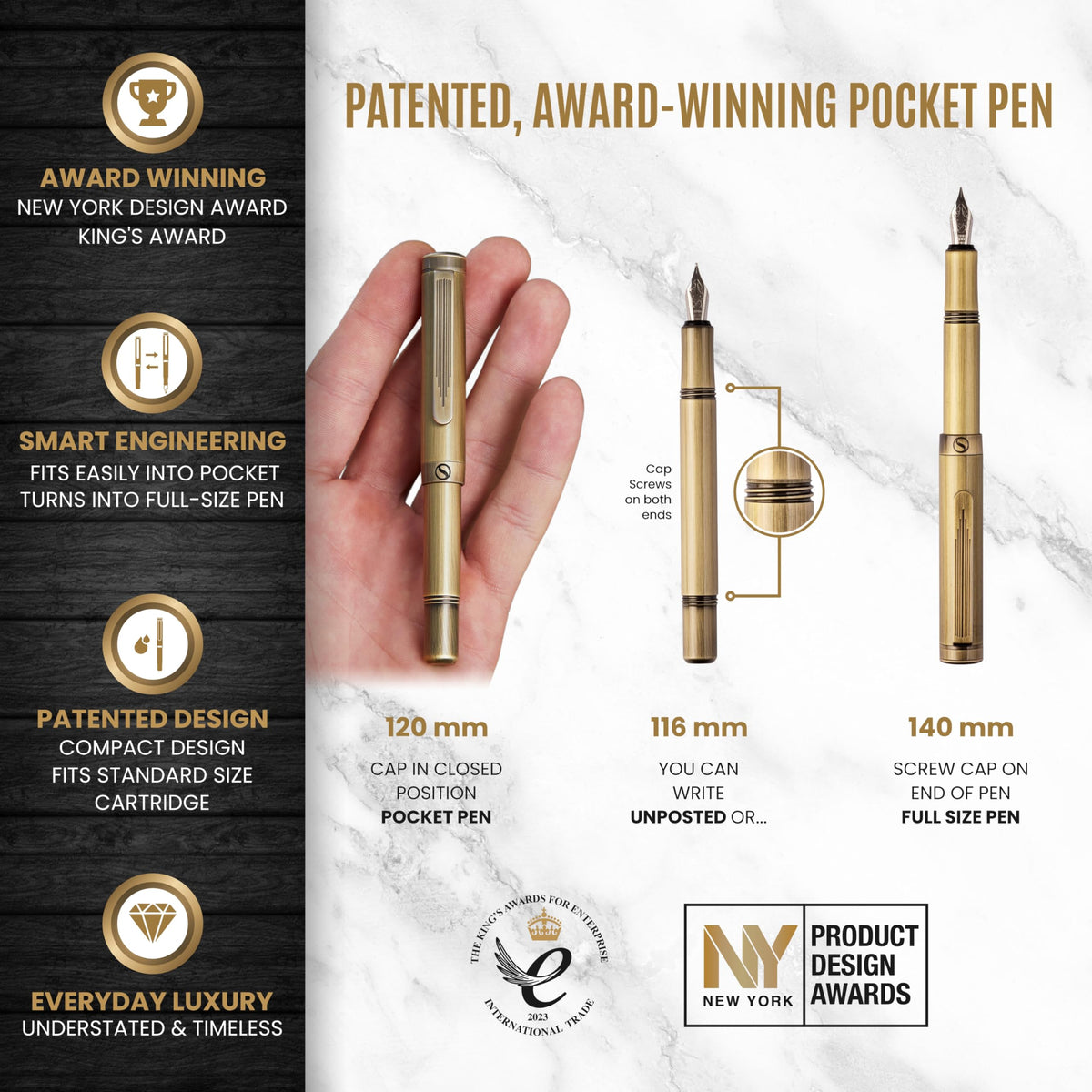 Scriveiner Luxury EDC Fountain Pen (Fine), Bronze Pocket EDC with Hand Brushed Finish, Schmidt