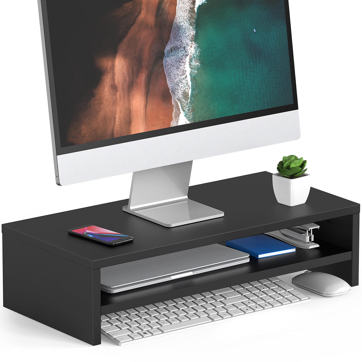 FITUEYES Wooden Monitor Stand Riser, 2-Tier Desk Storage Shelf, Black