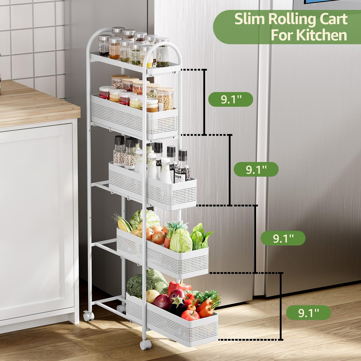 KINGRACK 5 Tier Slim Rolling Cart with Drawer, Metal Utility Storage Cart