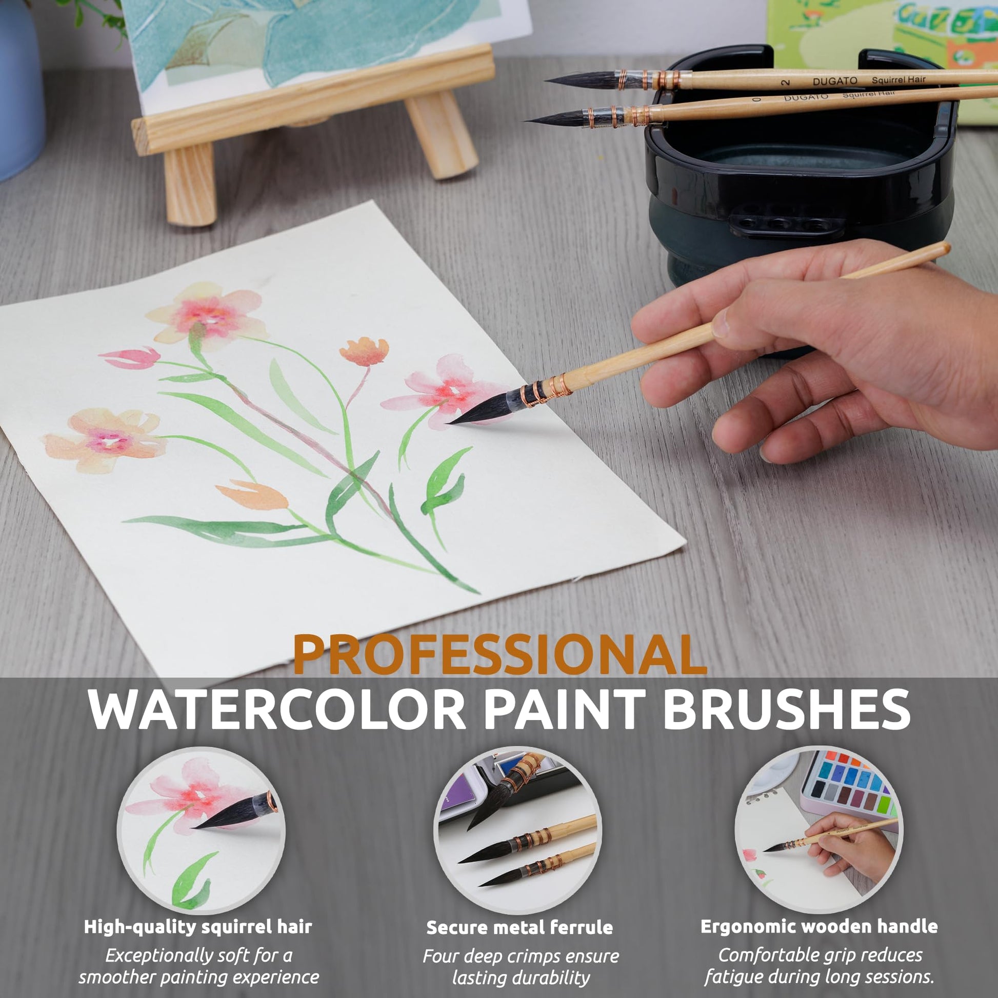 DUGATO Squirrel Hair Watercolor Paint Brushes, Mop Round Tip Brush, 4-Piece