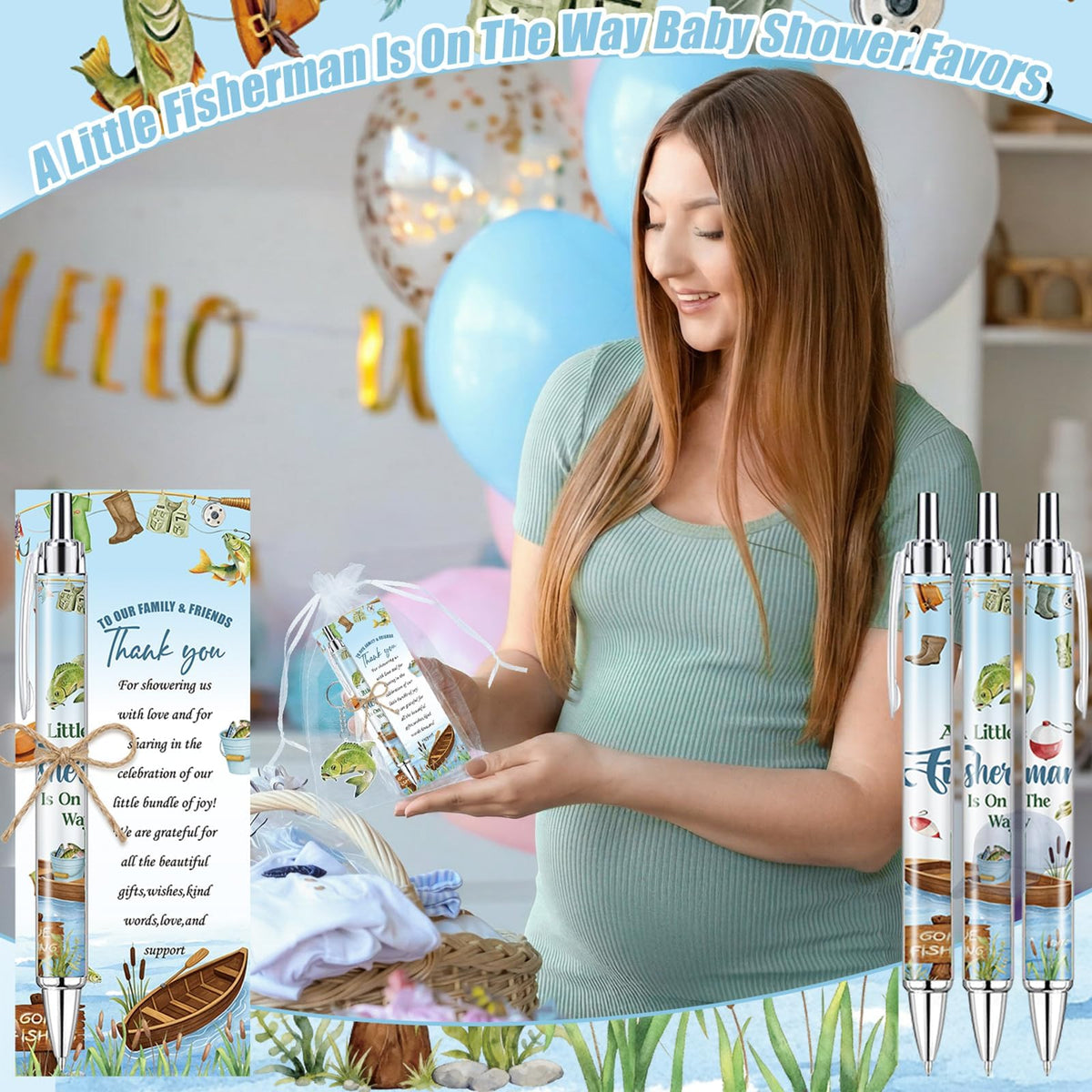 145 Pieces Fishing Baby Shower Favors for Guest A Little Fisherman Is On The Way Ballpoint Pens and