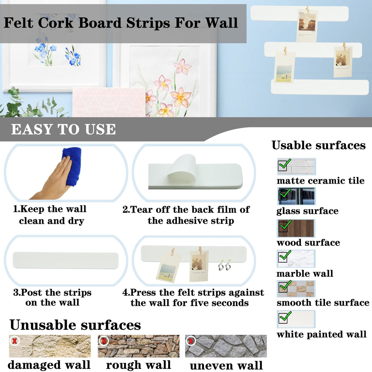 YOUDEFUL 8Pcs Bulletin Board Strips, White Felt Pin Board Bar Strips with 50 Pushpins