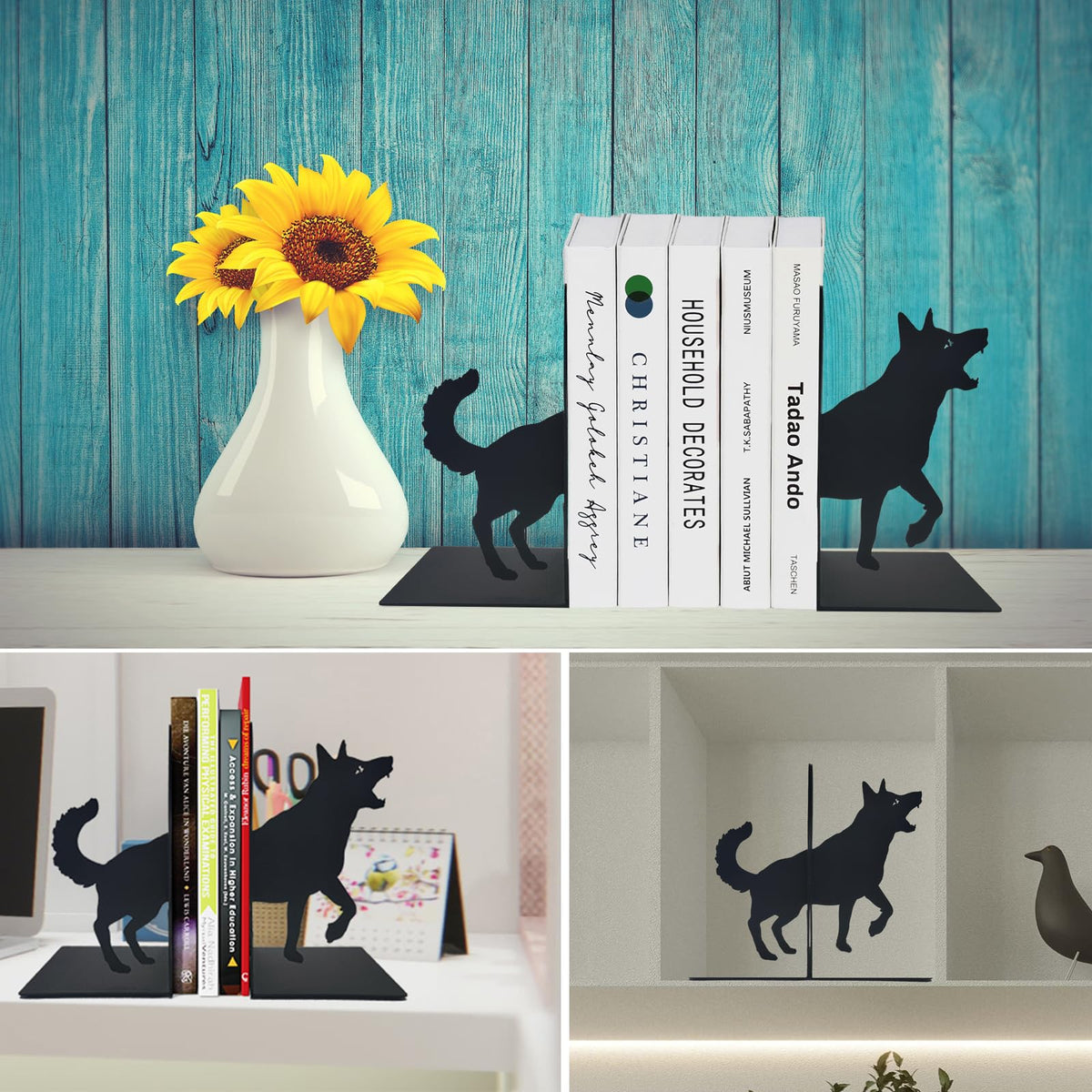 ENCIMART Dog Book Ends Decorative for Shelves, Black Metal Bookend Supports for Heavy Books, Book