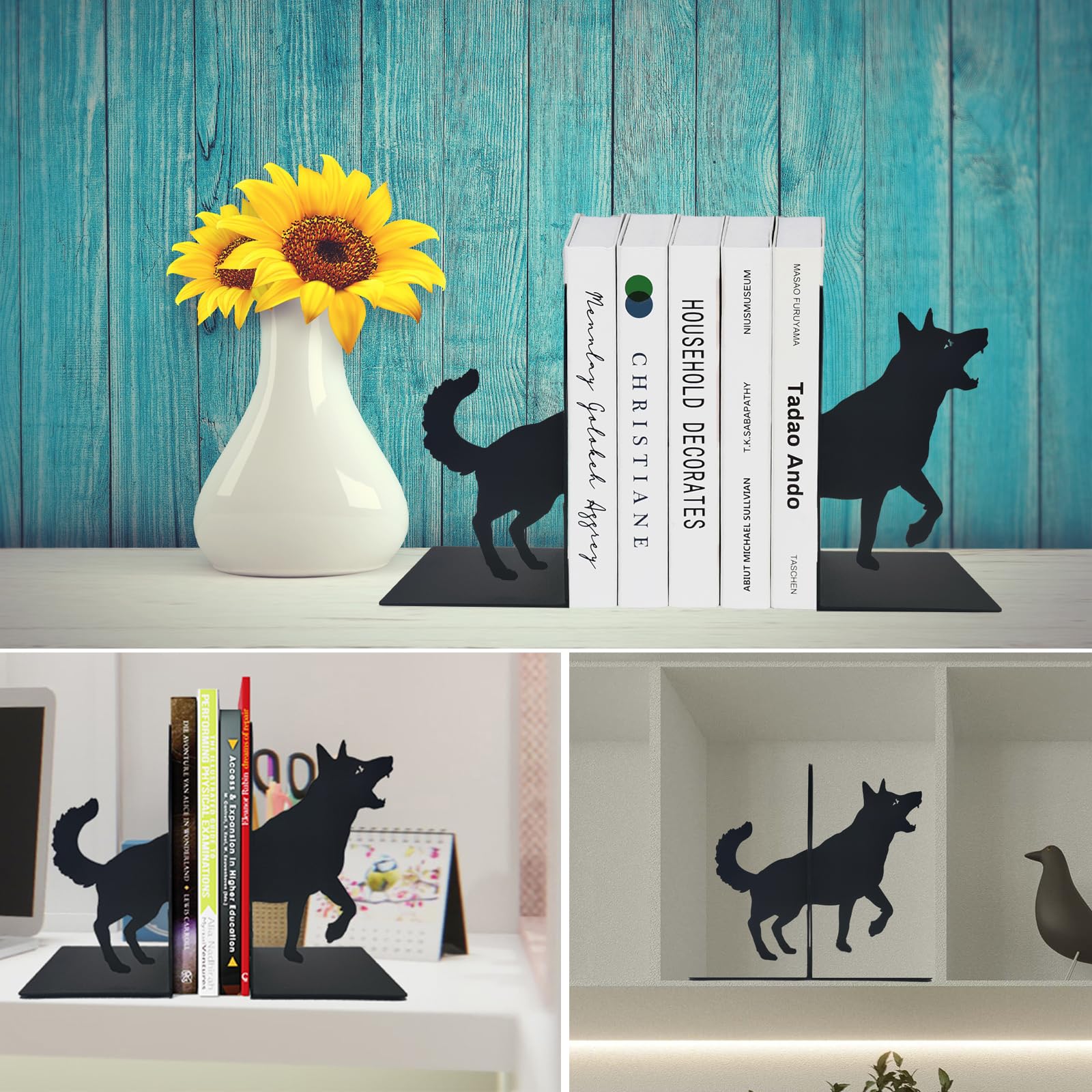 ENCIMART Dog Book Ends Decorative for Shelves, Black Metal Bookend Supports for Heavy Books, Book
