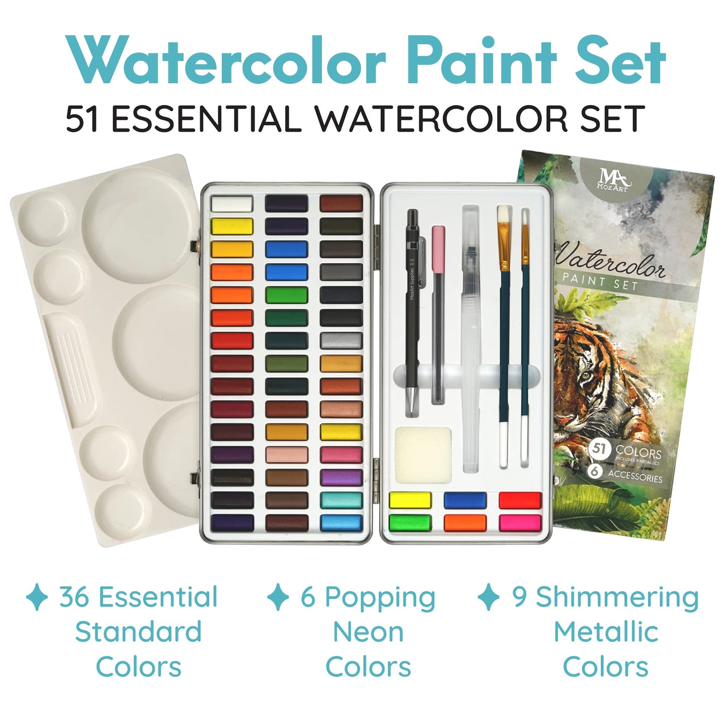 MozArt Supplies - Watercolor paint set 51 Vibrant Colors + accessories - For beginners &