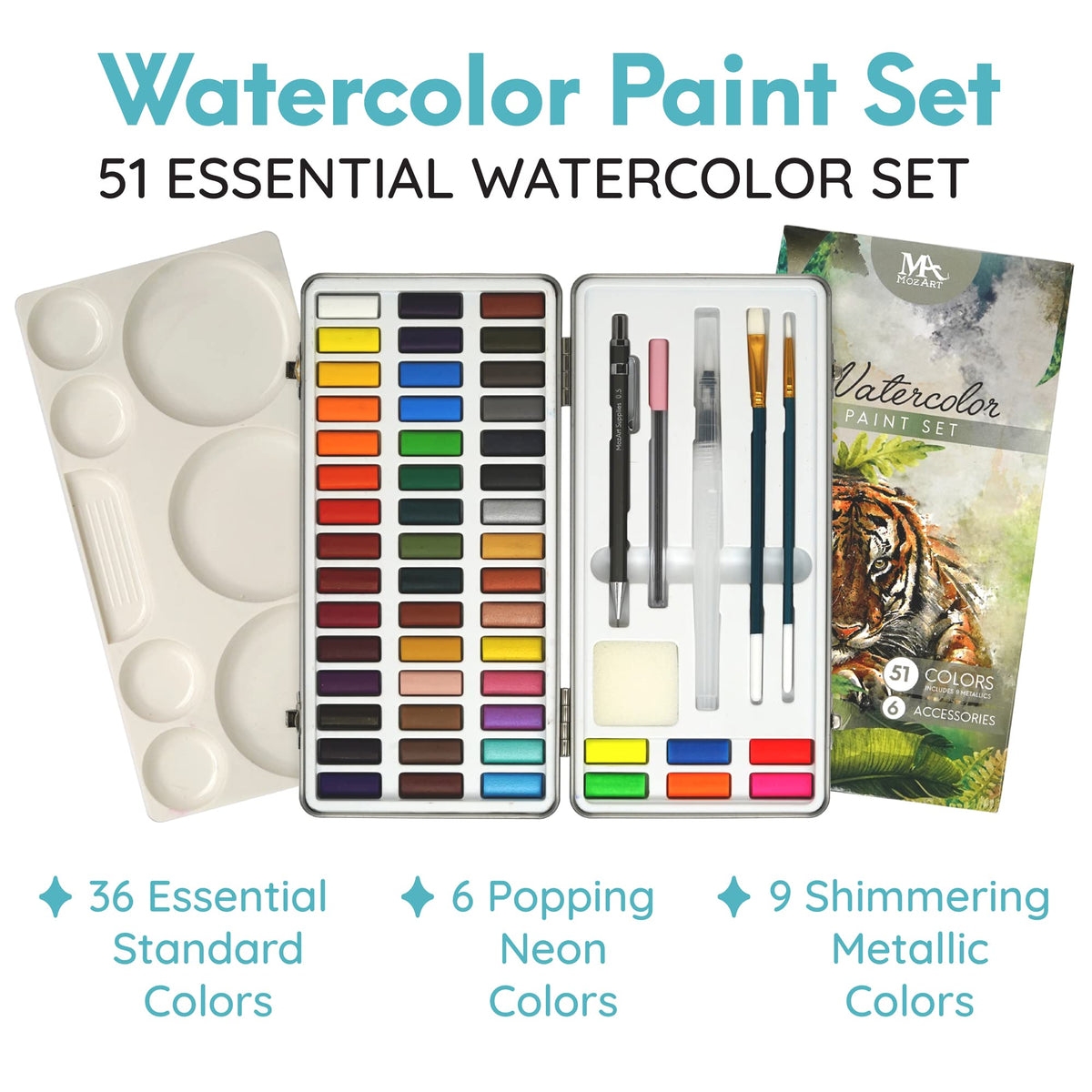 MozArt Supplies - Watercolor paint set 51 Vibrant Colors + accessories - For beginners &