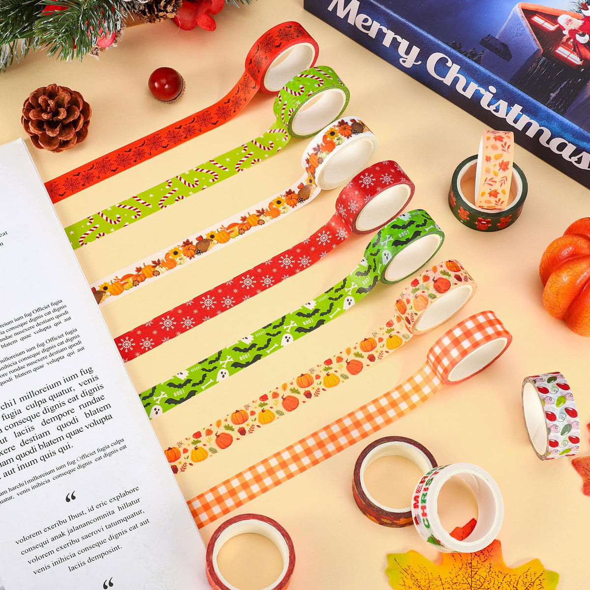 Whaline 24 Rolls Fall Halloween Christmas Washi Tape Masking Tape Set Holiday Wrapping Paper Tapes