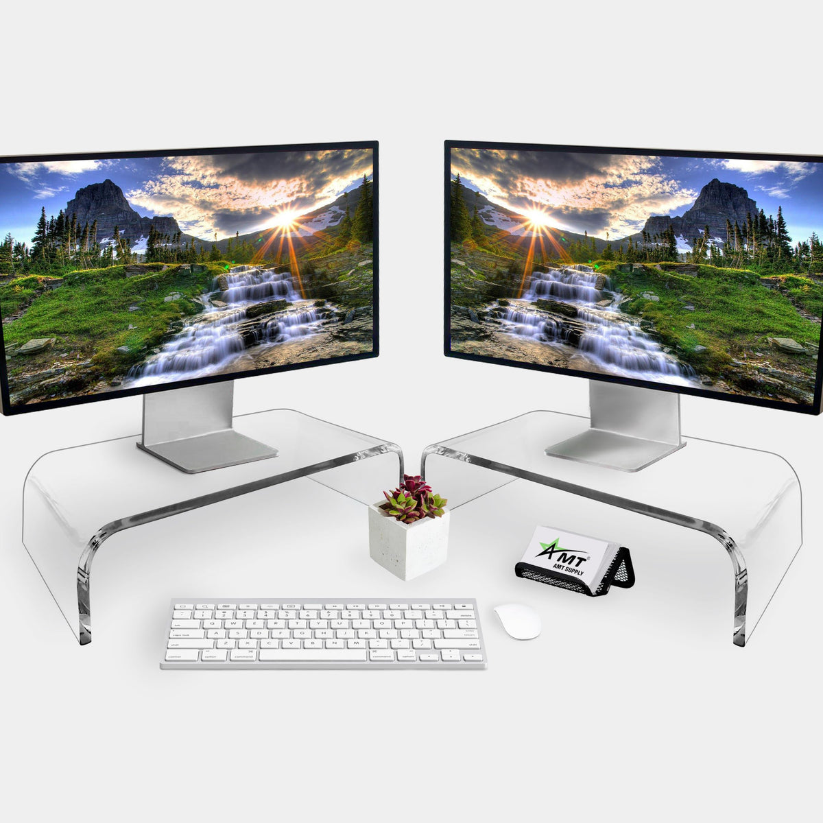 AMT 2 Pack Acrylic Laptop Monitor Stand & Computer Riser with Cat Keyboard Protector, Space-Saving