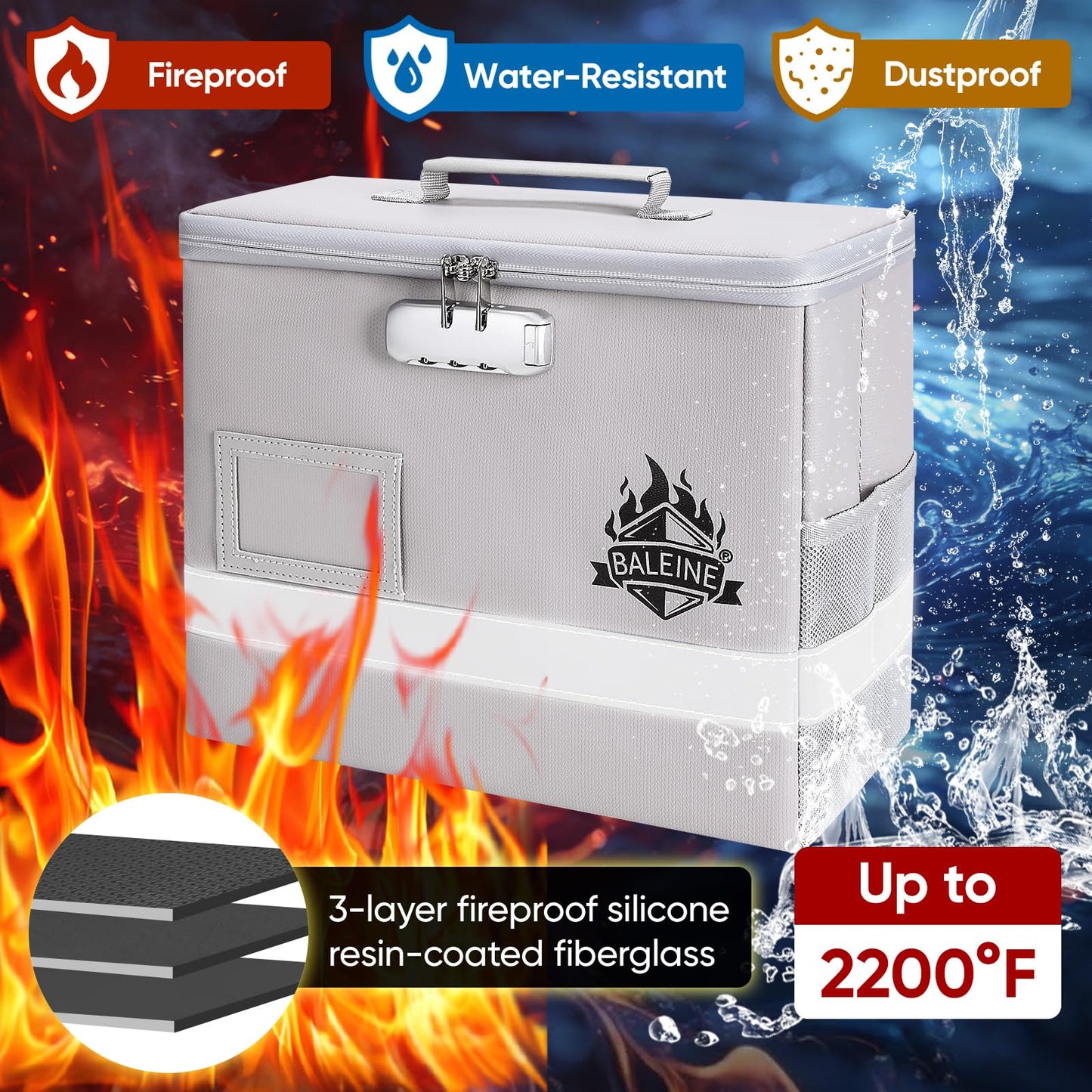 BALEINE Fireproof Document Box with Lock, Portable Fireproof Document Bag Waterproof Fire Proof