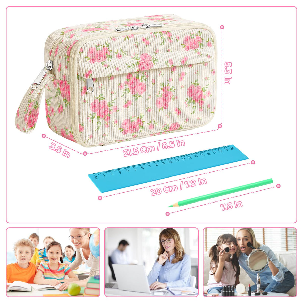 WOBAGMEN Cute Pencil Case,Large Corduroy Zippered Pencil Case Pouch, aesthetic Pencil Bag with