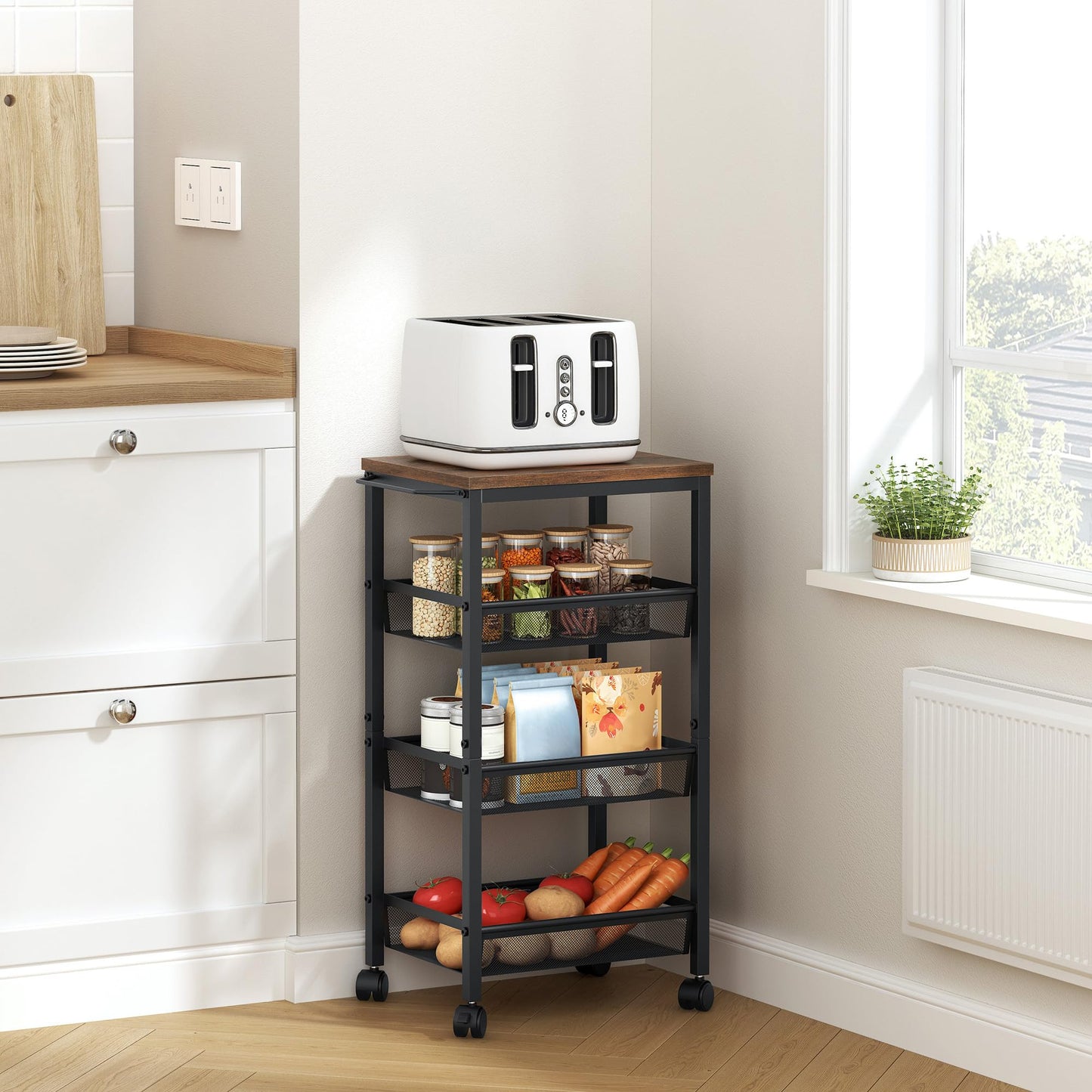 Hoctieon Rolling Storage Cart, 4-Tier 11.8" Wide Panel Kitchen Storage Cart, Utility Carts with