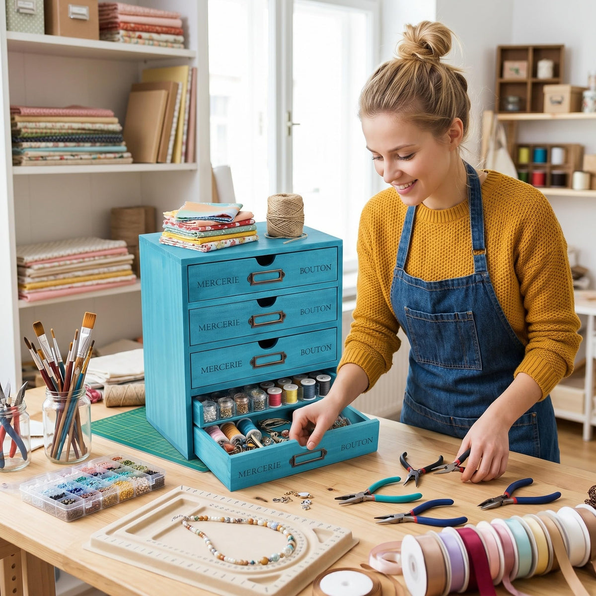 Wesiti Wooden Desk Organizer, 5 Drawers, Vintage Makeup Cabinet, Blue