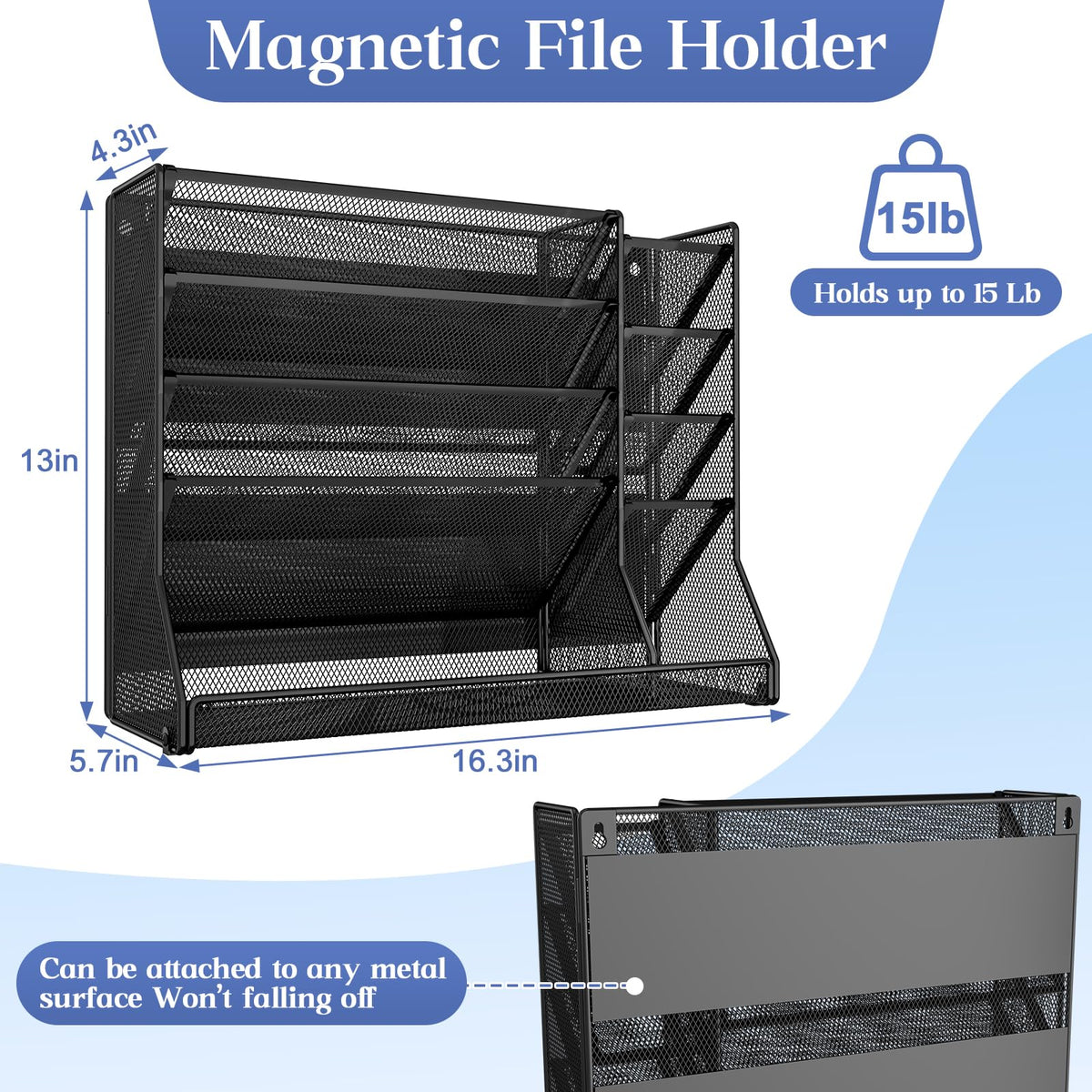 Jakyitvi 5-Tier Magnetic File Organizer R-Shaped Base Wall Hanging Black