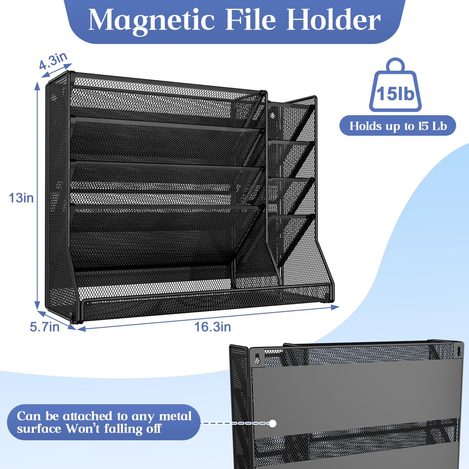 Jakyitvi 5-Tier Magnetic File Organizer R-Shaped Base Wall Hanging Black