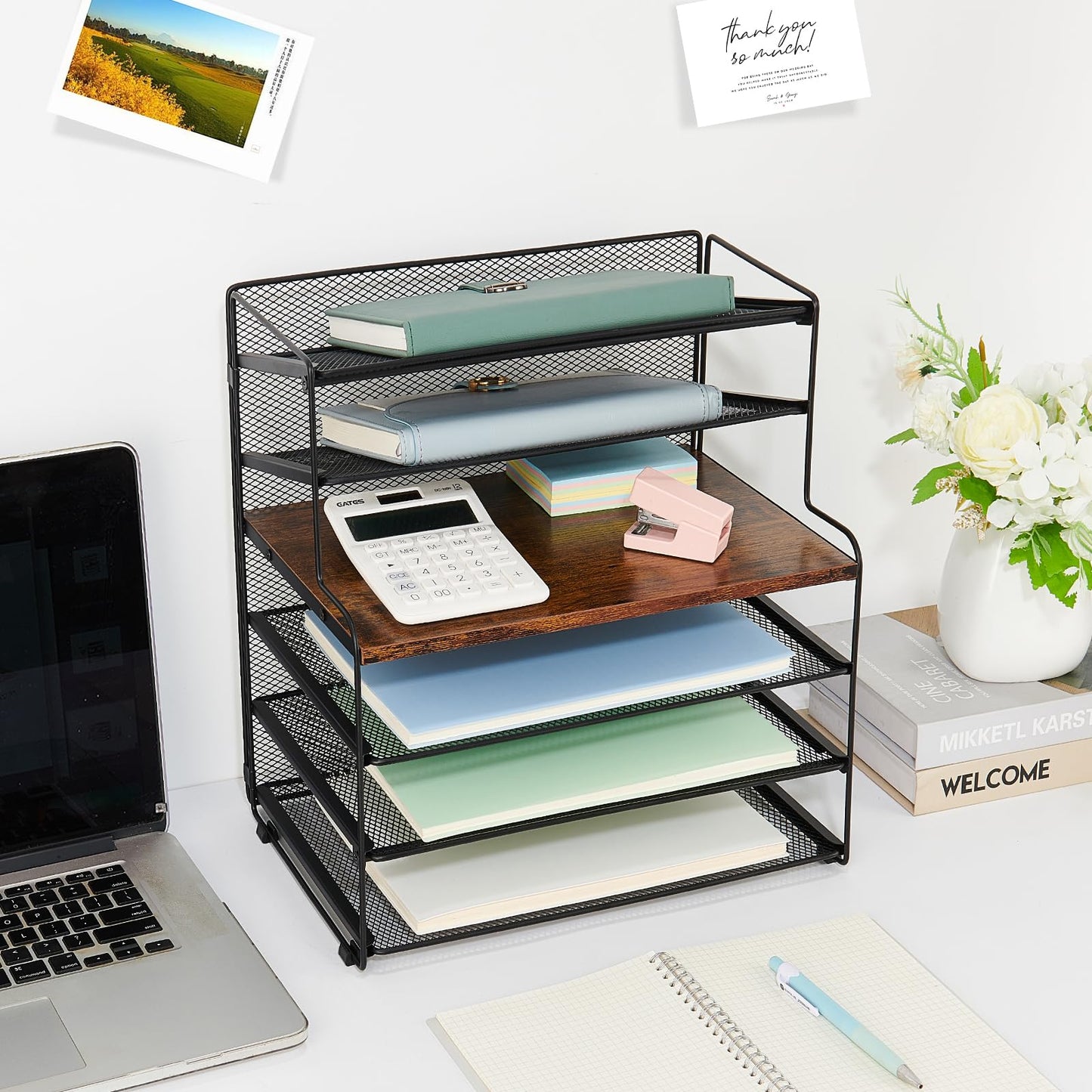 OPNICE Desk Organizer, 6-Tier Paper Organizer Letter Tray, Brown Wood